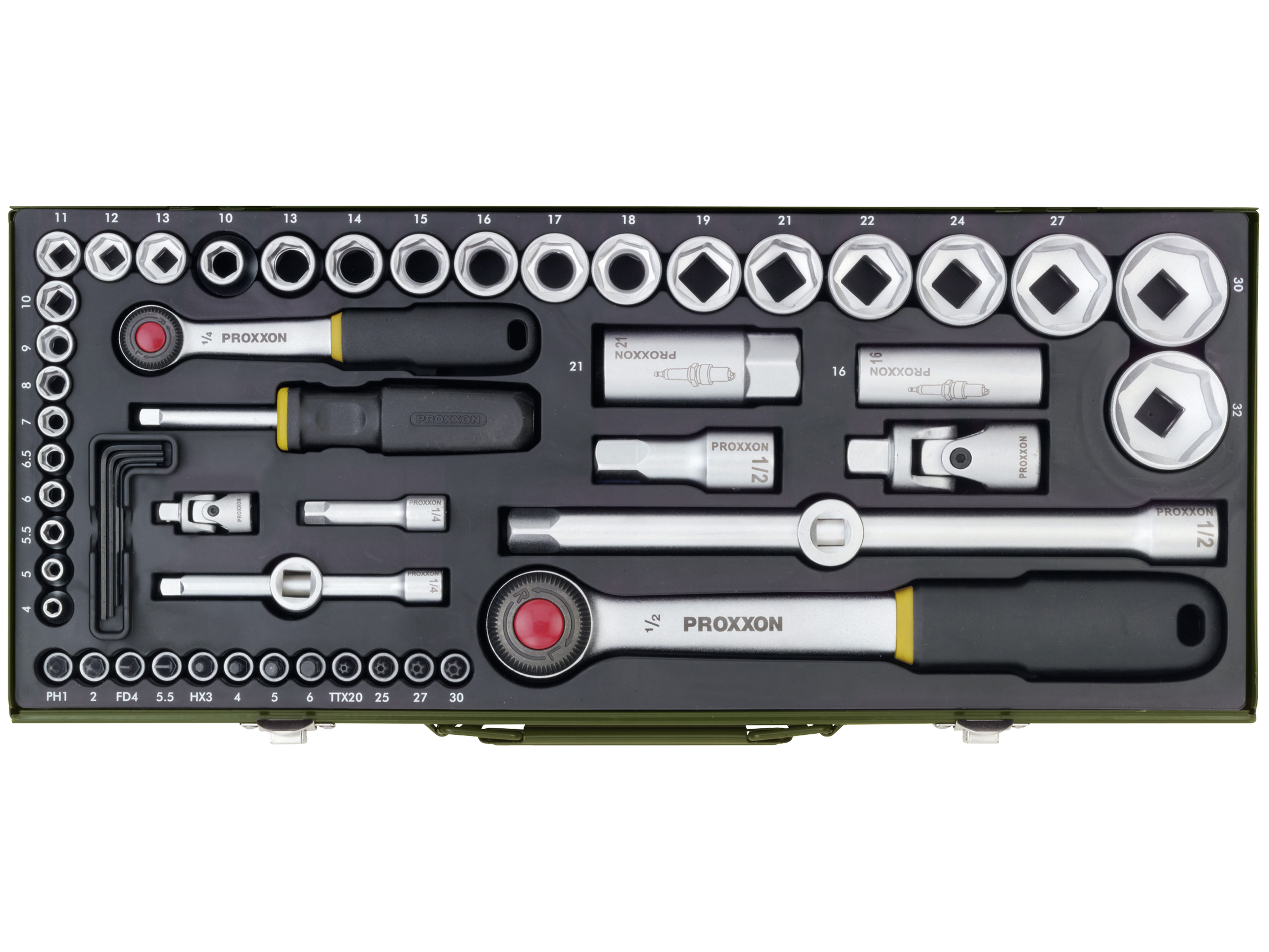 PROXXON Komplettsatz mit 1/4"- und 1/2"-Ratsche, 23040, 56-teilig