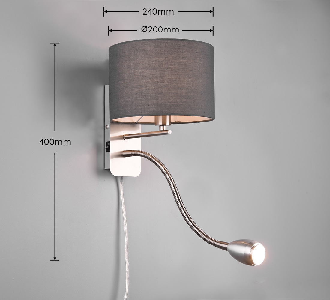 TRIO Wandleuchte Hotel 271170211 Nickel matt, Schirm grau, 1 x 3,1W LED, 310 lm, 3000K, 1 x E14 TRIO Wandleuchte Hotel 271170211 Nickel matt, Schirm grau, 1 x 3,1W LED, 310 lm, 3000K, 1 x E14
