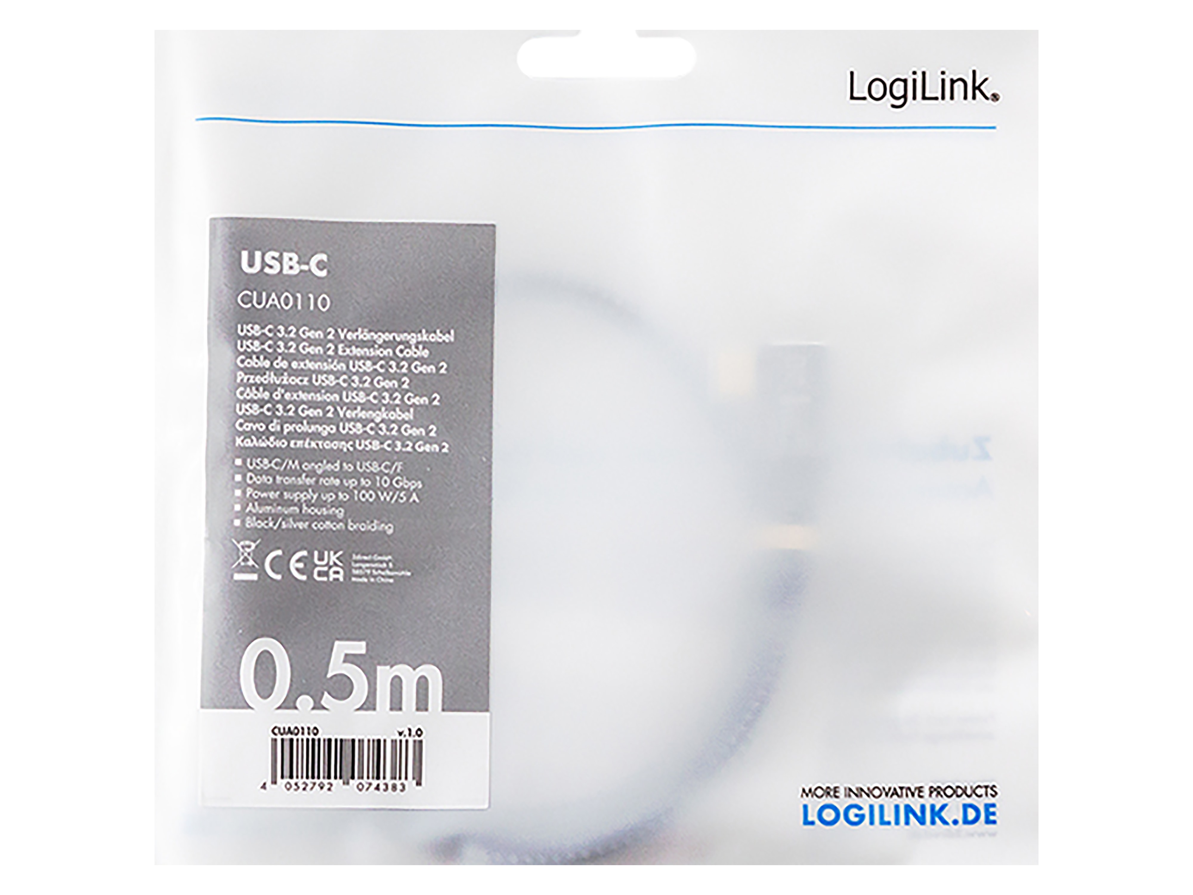 LOGILINK USB3.2 Kabel CUA0110 USB-C M 90°/USB-C F PD AV Alu 0,5m schwarz/grau LOGILINK USB3.2 Kabel CUA0110 USB-C M 90°/USB-C F PD AV Alu 0,5m schwarz/grau