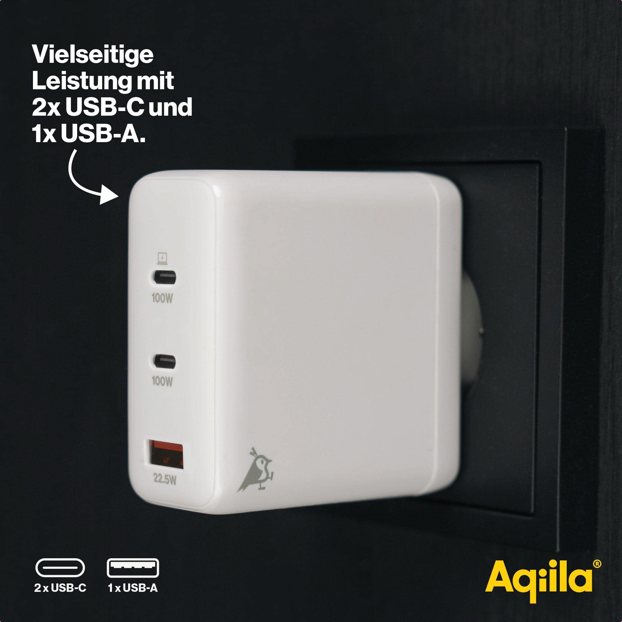 AQIILA USB-Lader Chargebird W4, 120 W, 3-fach, 2x USB-C, 1x USB-A AQIILA USB-Lader Chargebird W4, 120 W, 3-fach, 2x USB-C, 1x USB-A