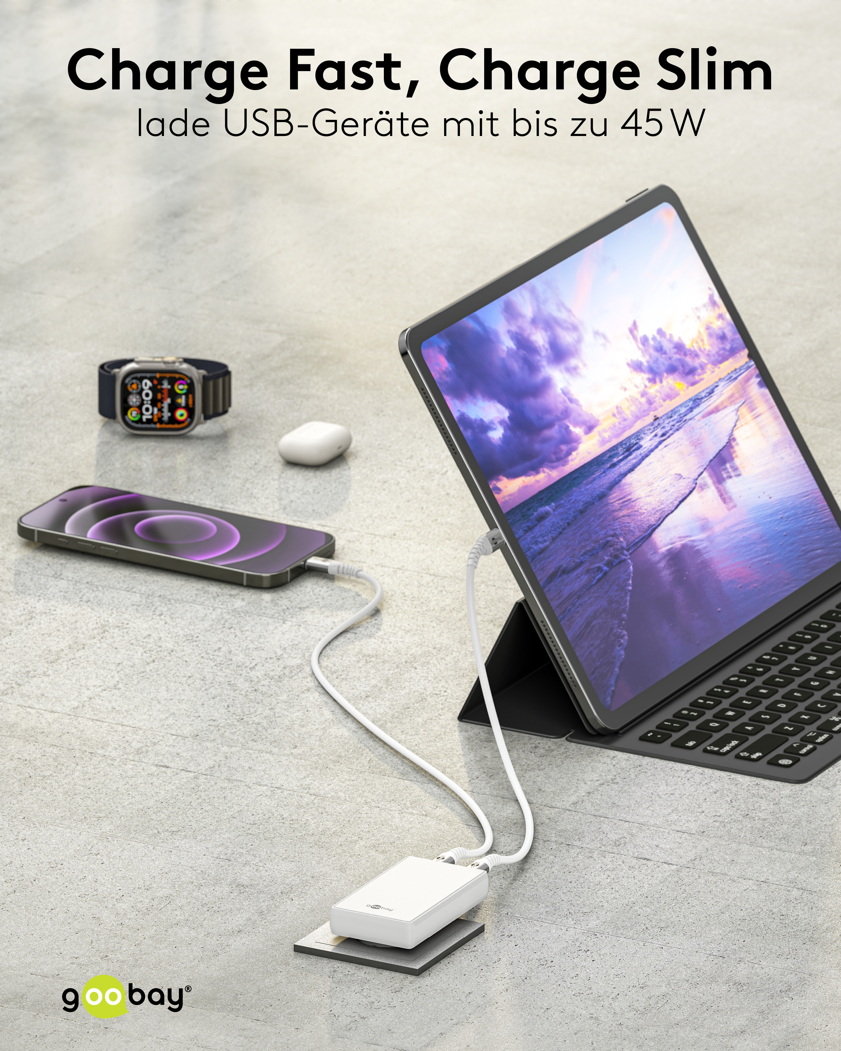 GOOBAY Dual-Schnellladegerät, 45W, 2x USB-C, 90° abgewickelt, flach, weiß GOOBAY Dual-Schnellladegerät, 45W, 2x USB-C, 90° abgewickelt, flach, weiß