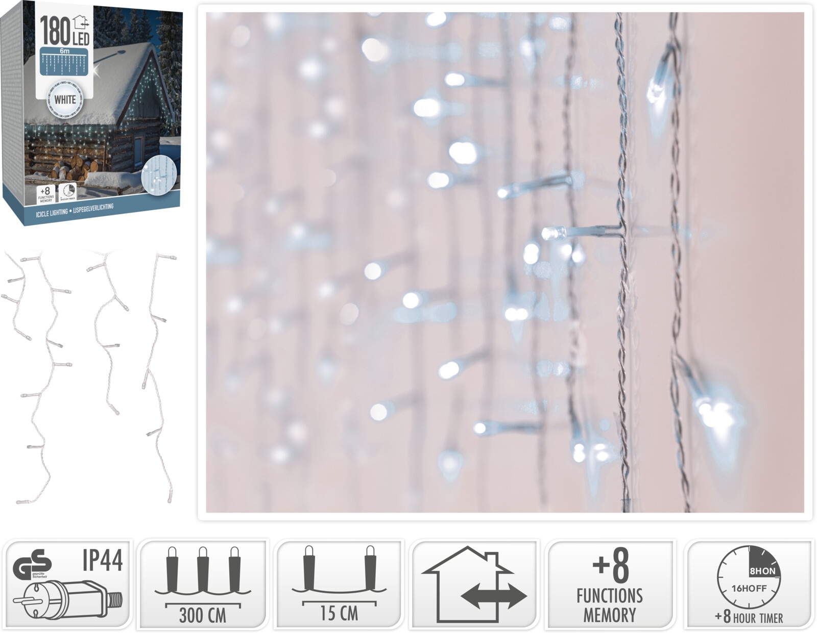 LED-Eiszapfenbeleuchtung kaltweiß, 180 LEDs, Transparentes Kabel, Innen/Außen, 9m KOOPMAN LED-Eiszapfenbeleuchtung kaltweiß, 180 LEDs, Transparentes Kabel, Innen/Außen, 9m