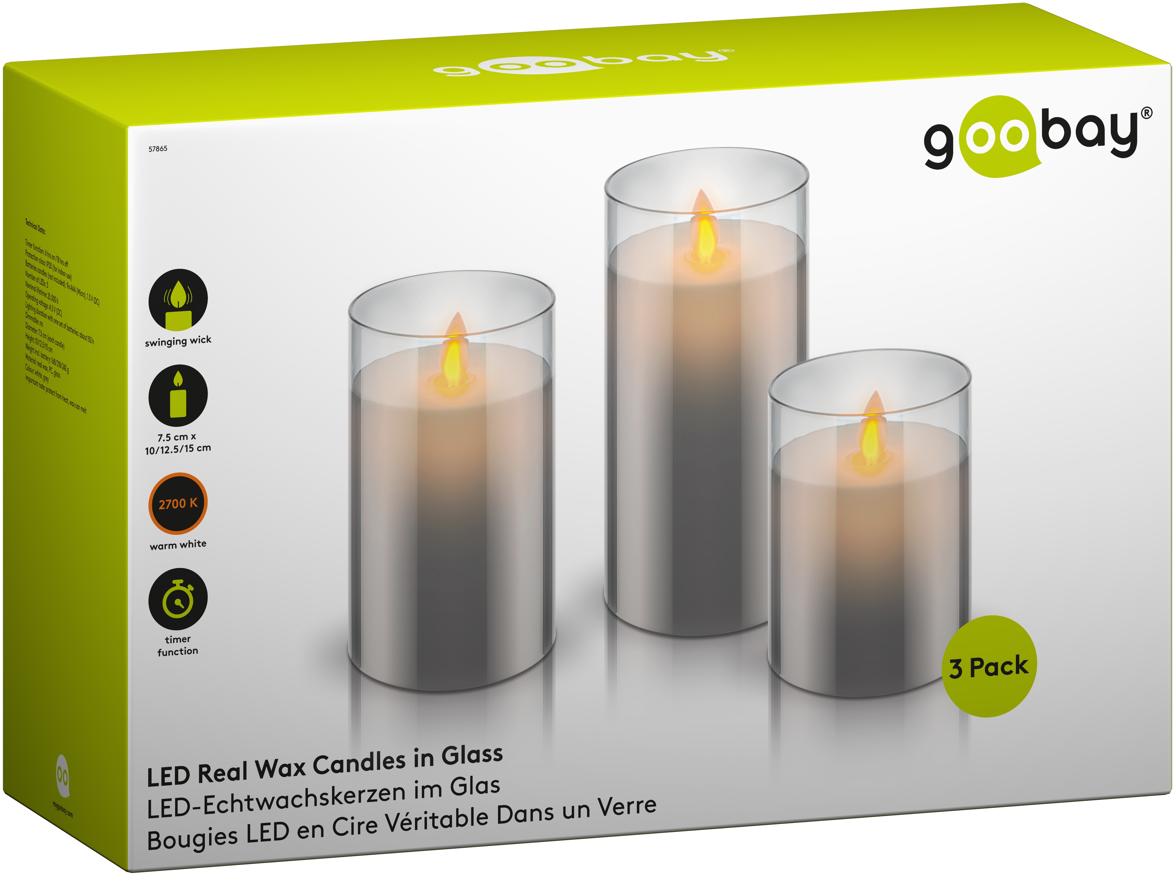 GOOBAY LED-Echtwachskerze, Glas, Timerfunktion, 3 Stück, warmweiß, grau GOOBAY LED-Echtwachskerze, Glas, Timerfunktion, 3 Stück, warmweiß, gold