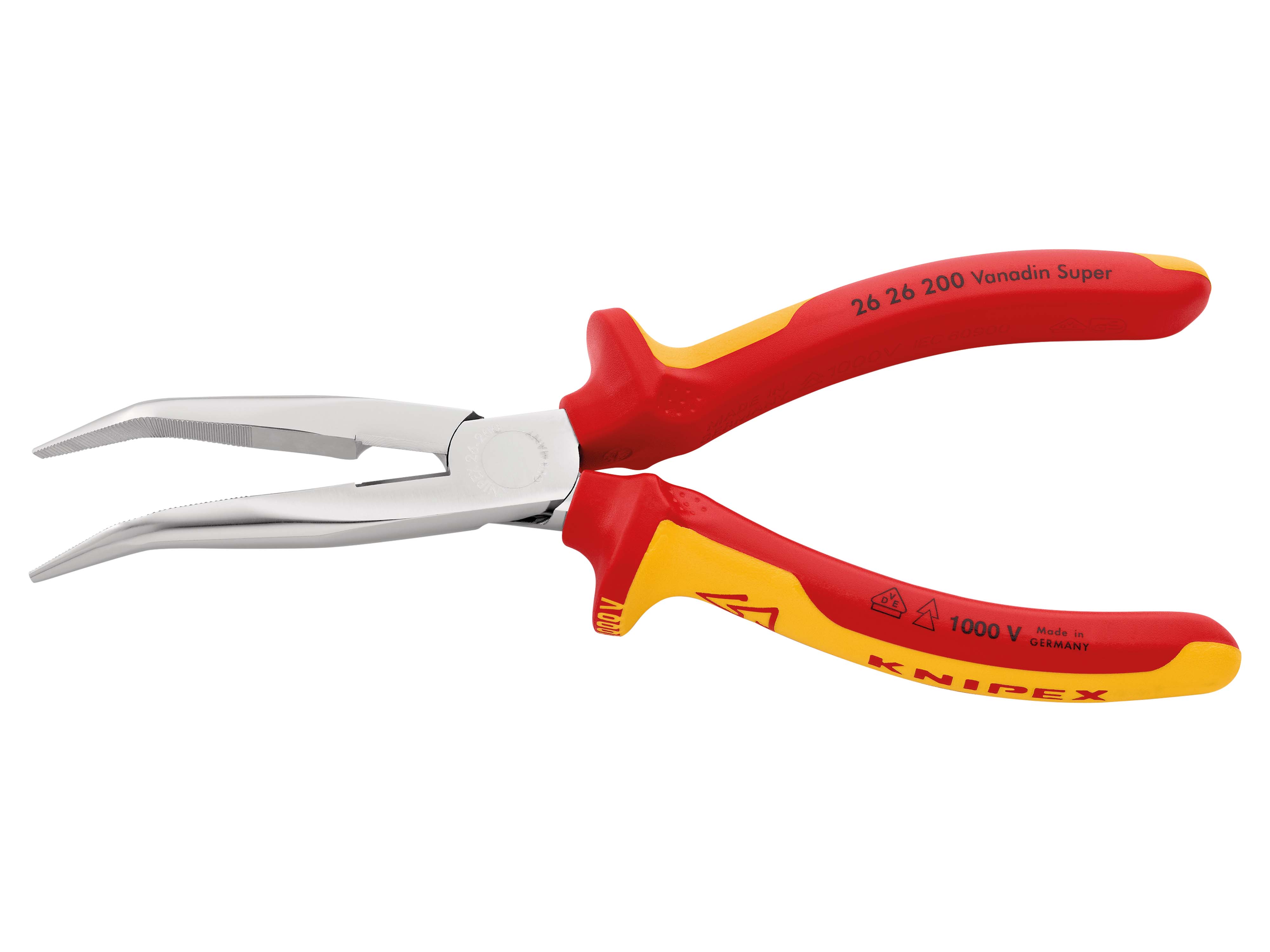 KNIPEX Flachrundzange mit Schneide, gebogen, VDE-geprüft, 26 26 200 KNIPEX Flachrundzange mit Schneide, gebogen, VDE-geprüft, 26 26 200