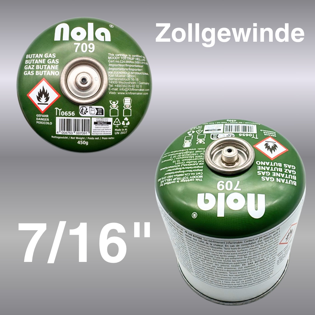 NOLA Butangaskartusche 709, 450g mit 7/16" Gewinde NOLA Butangaskartusche 709, 450g mit 7/16" Gewinde