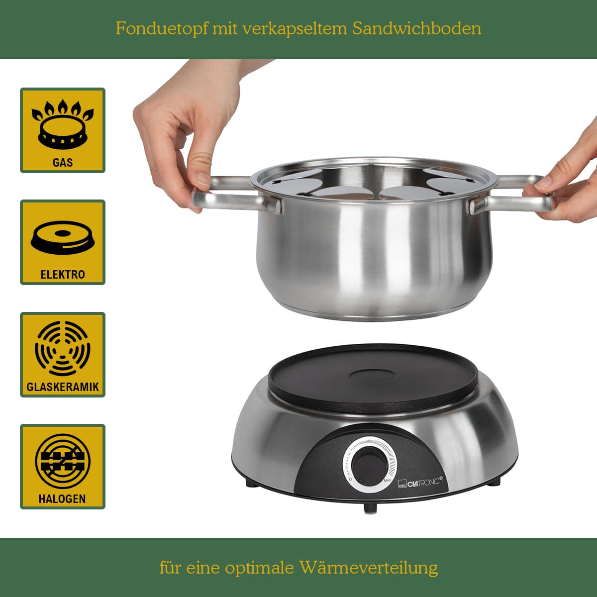 CLATRONIC Fondue-Set FD 3783, Edelstahl Topf, 8 Personen, 1,2 L, 1400W CLATRONIC Fondue-Set FD 3783, Edelstahl Topf, 8 Personen, 1,2 L, 1400W