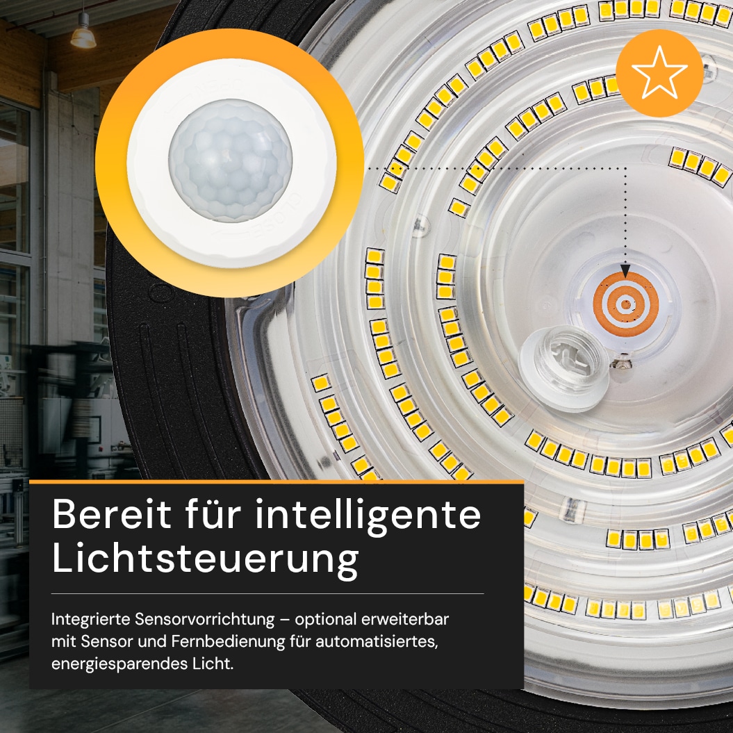 ENOVALITE LED-HighBay-Leuchte, UFO, 60...100 W, 4000 K, EEK: C, 9600...16000 lm, dimmbar, IP65, schwarz ENOVALITE LED-HighBay-Leuchte, UFO, 60...100 W, 4000 K, EEK: C, 9600...16000 lm, dimmbar, IP65, schwarz