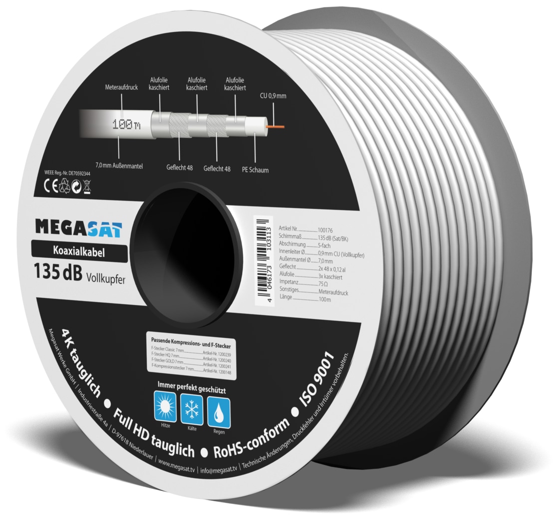 MEGASAT Koaxialkabel , Vollkupfer, 135 dB, 100 m MEGASAT Koaxialkabel , Vollkupfer, 135 dB, 100 m