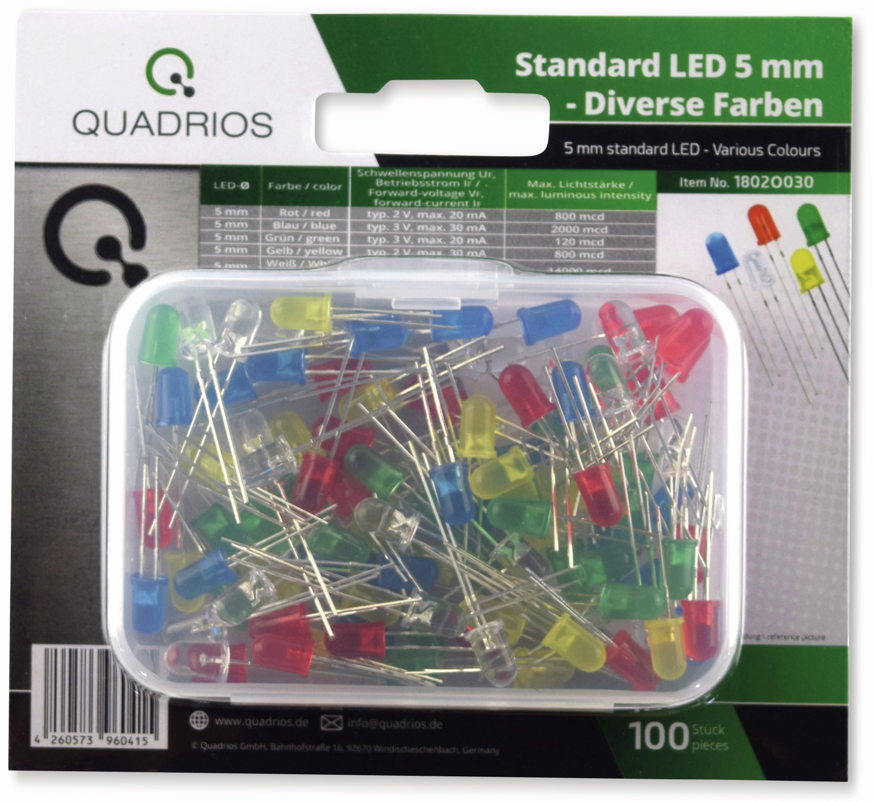 QUADRIOS Standard LED-Set 1802O030, 5 mm, Diffus, Klar, 100 Stück QUADRIOS, 1802O030, Standard LED-SET 5 mm, Diffus, Klar, 100 ST