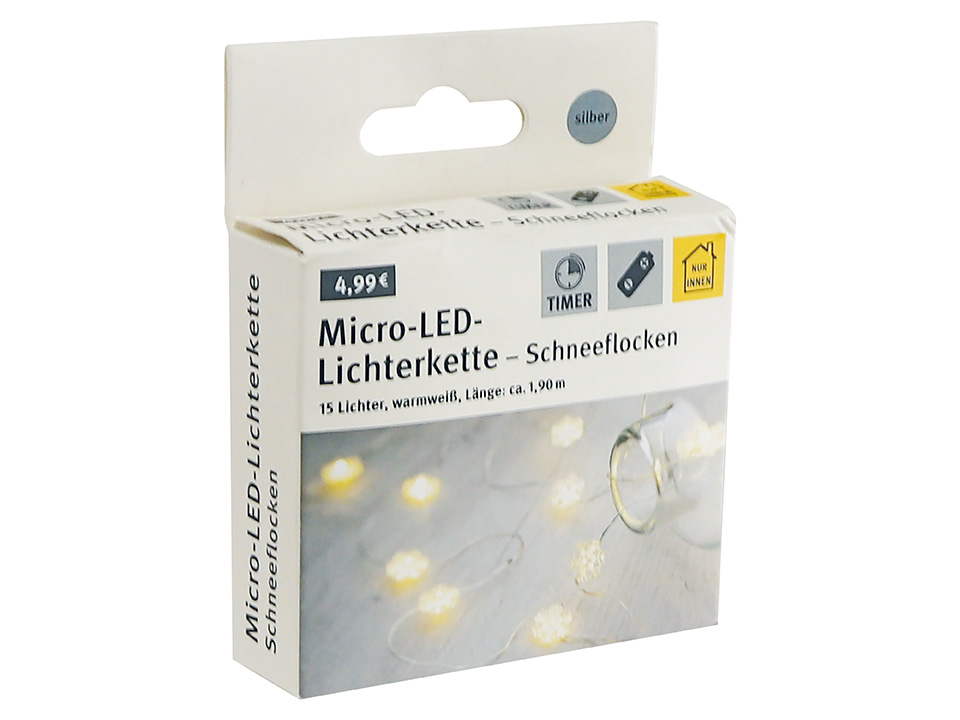 Micro-LED-Lichterkette, Schneeflocken, 3V, 15 LEDs, Silberdraht, warmweiß, 1,90m Micro-LED-Lichterkette, Schneeflocken, 3V, 15 LEDs, Silberdraht, warmweiß, 1,90m