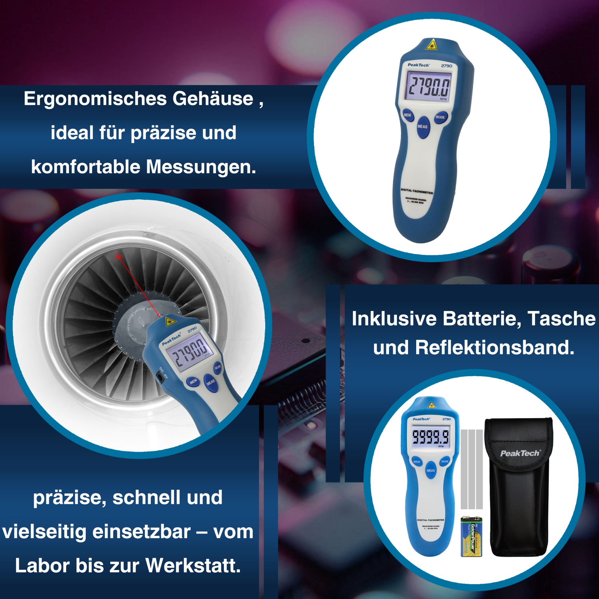 PEAKTECH Drehzahlmessgerät P 2790, 5-stellig, 1... 99.999 rpm