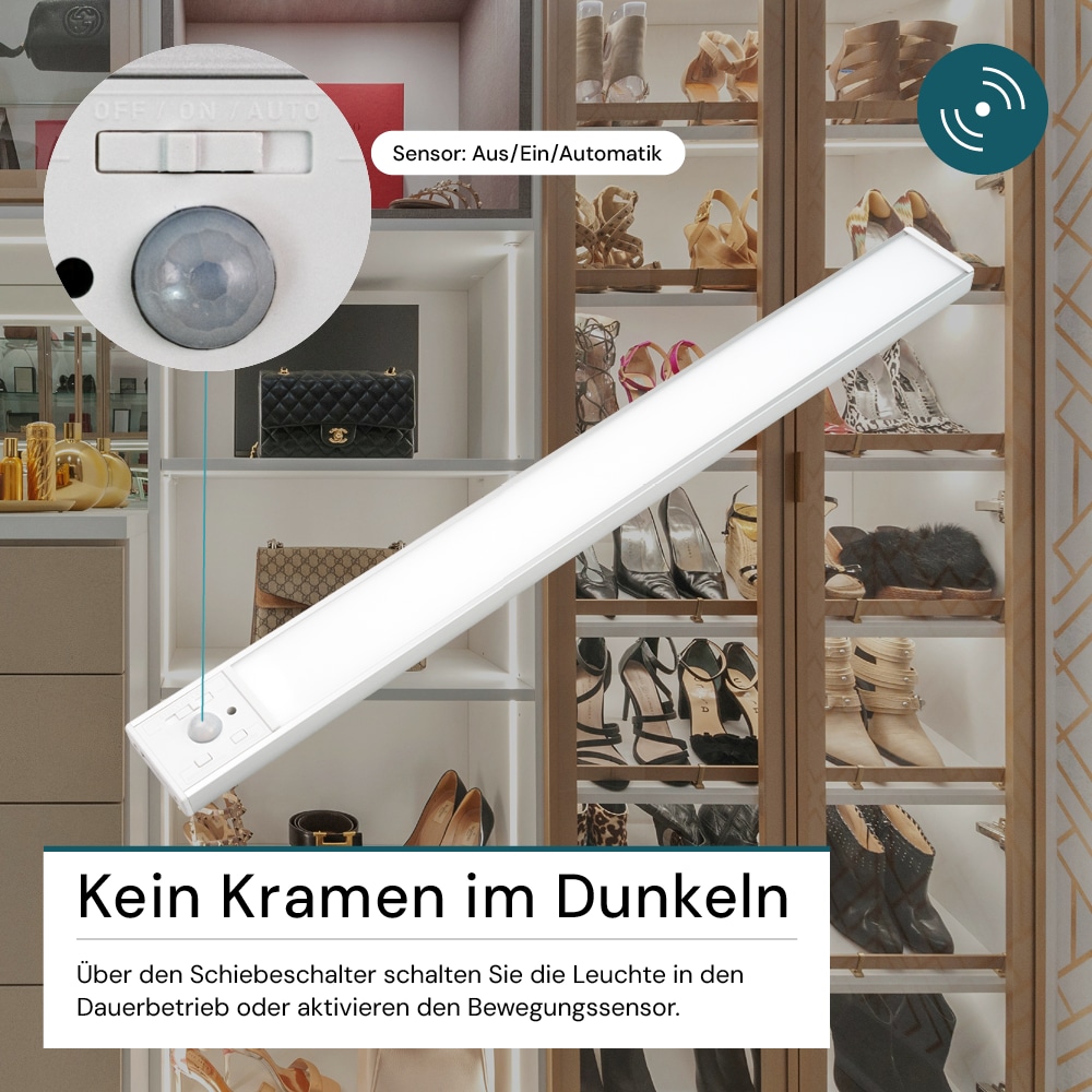 LUXULA LED-Schrankleuchte mit Bewegungsmelder, 4,07W, 140lm, CCT, IP20, silber, 60cm LUXULA LED-Schrankleuchte mit Bewegungsmelder, 4,07W, 1650lm, CCT, IP20, silber, 60cm