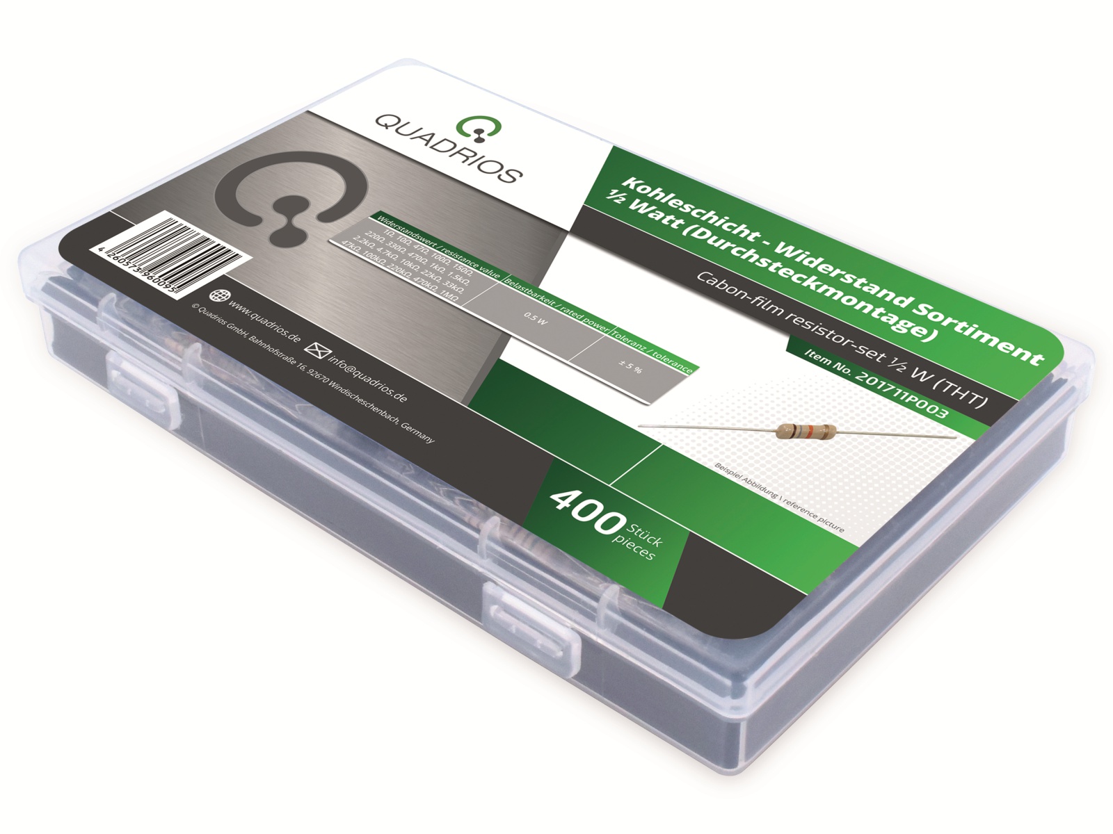 QUADRIOS Widerstands-Set 201711P003, Kohleschicht, 0,5 Watt, ± 5% QUADRIOS Widerstands-Set, 201711P003, Kohleschicht, 0,5 Watt, ± 5%