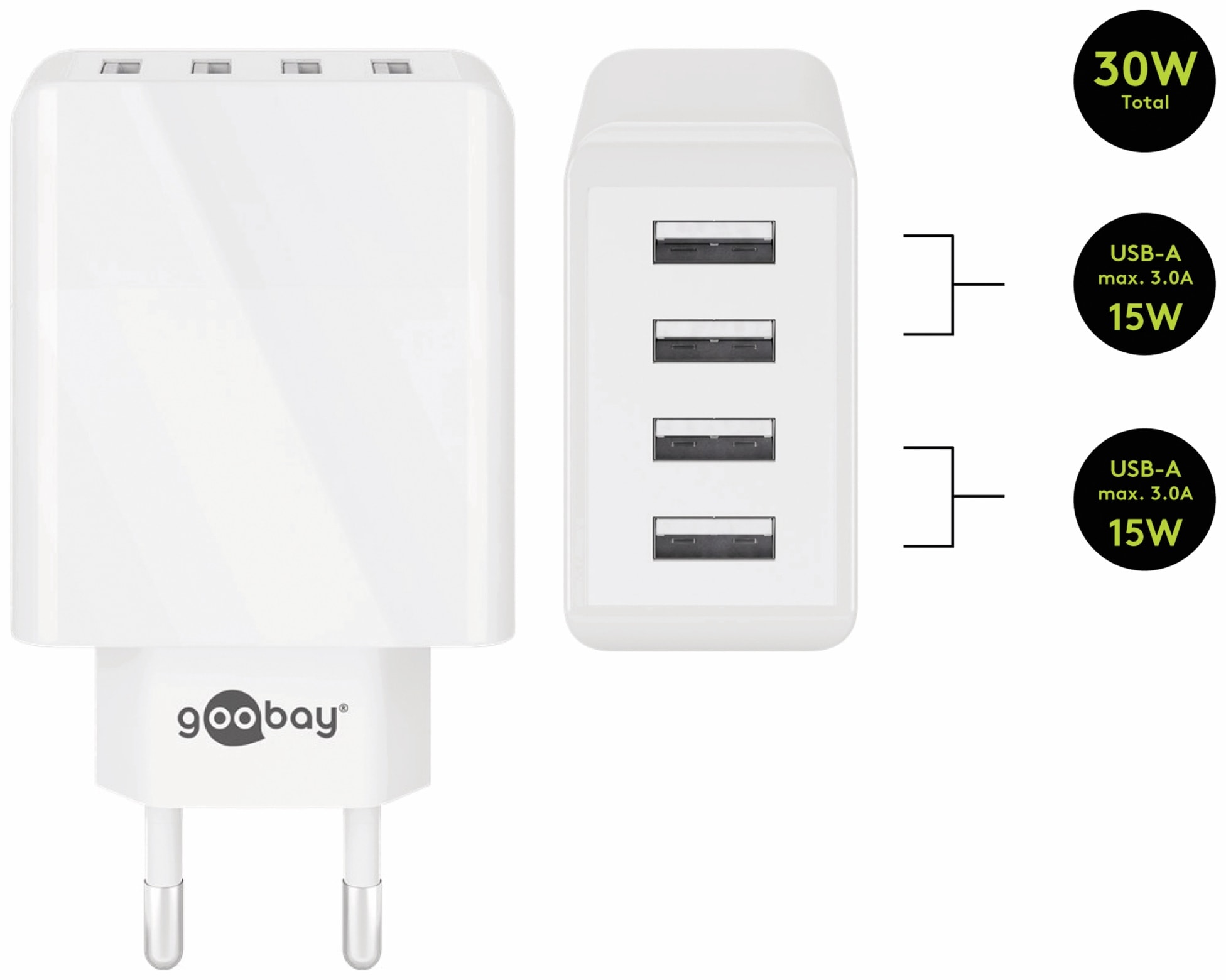 GOOBAY USB-Lader 44962, 4-fach, 3 A, 30 W, weiß GOOBAY USB-Lader 44962, 4-fach, 3 A, 30 W, weiß