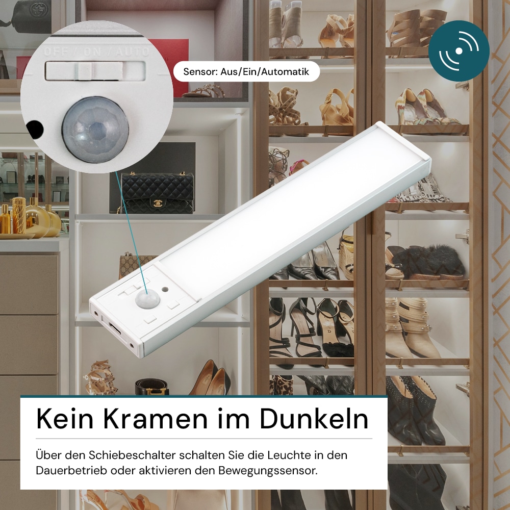 LUXULA LED-Schrankleuchte mit Bewegungsmelder, 2,2W, 70lm, CCT, IP20, dimmbar, silber, 20cm LUXULA LED-Schrankleuchte mit Bewegungsmelder, 2,2W, 450lm, CCT, IP20, dimmbar, silber, 20cm