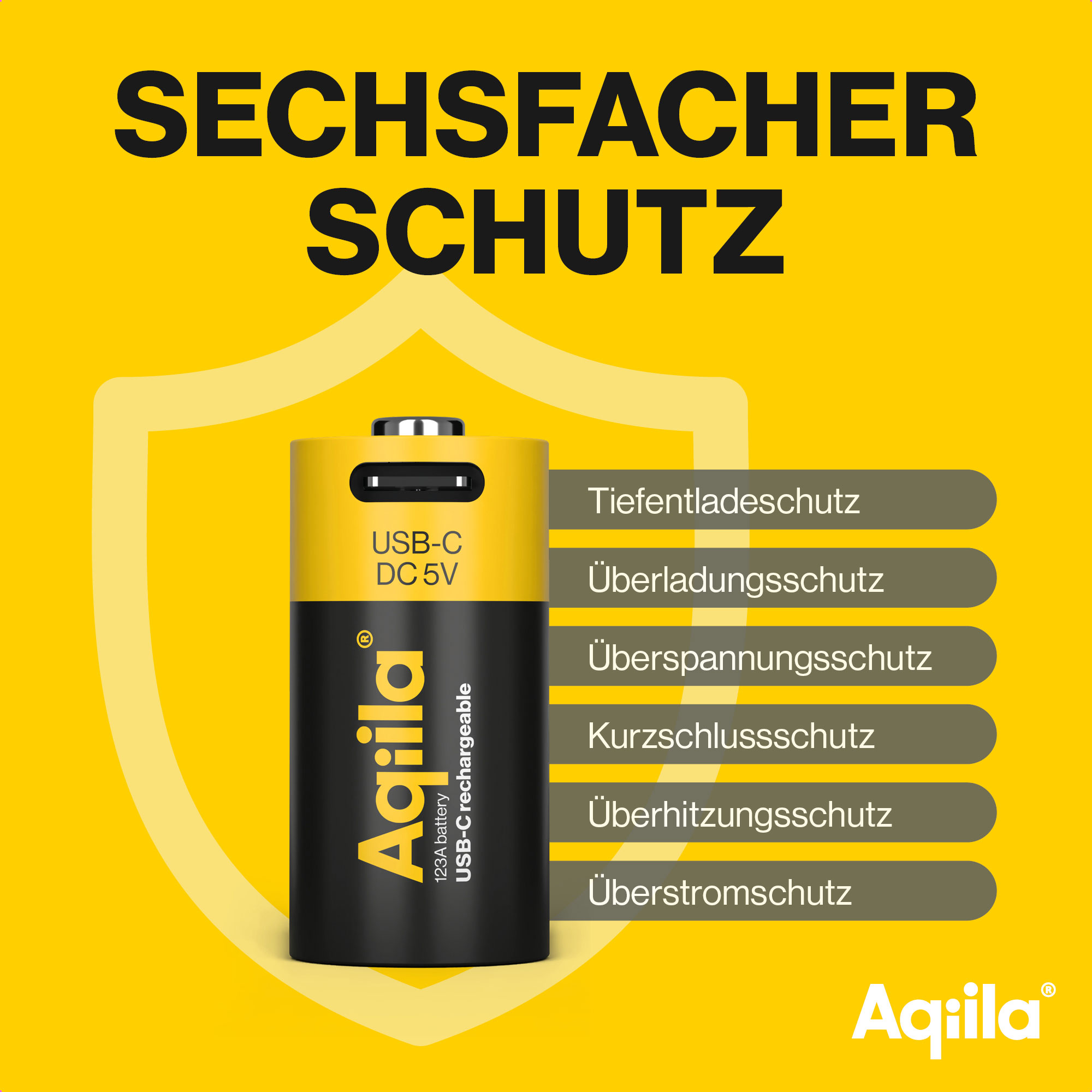 AQIILA Li-lon-Akku, CR123A, USB-C, 3 V, 2er Pack Li-lon-Akku AQILLA, CR123A, USB-C, 3 V, 2er Pack