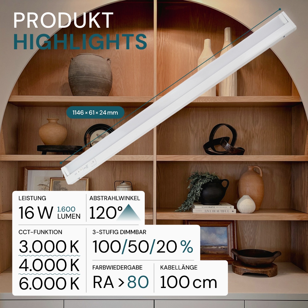 LUXULA LED-Unterbauleuchte, 16W, EEK: E, 1600lm, CCT, IP20, dimmbar, weiß, 115cm