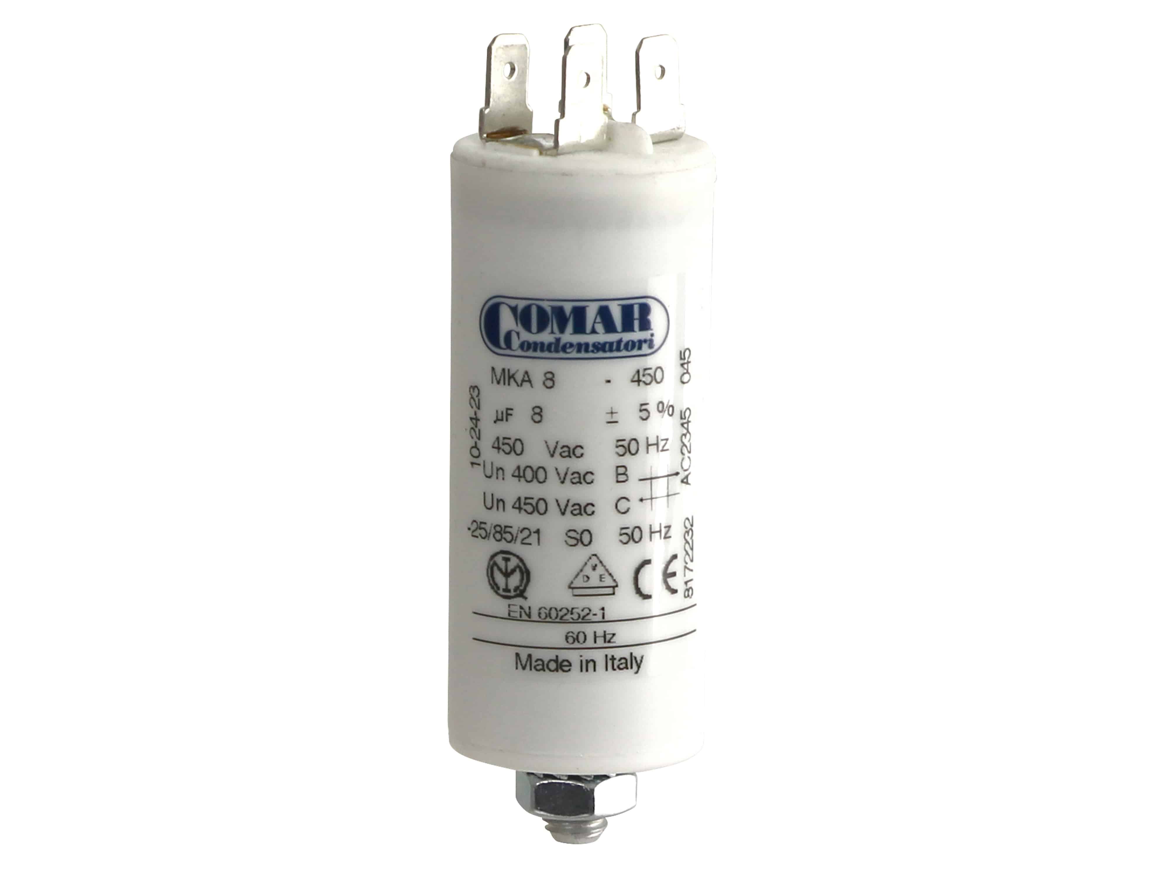 COMAR Motorkondensator DFS (Doppelflachstecker), 8µF, 450V, Flachsteckanschluss COMAR Motorkondensator, 8µF, 450V, Flachsteckanschluss