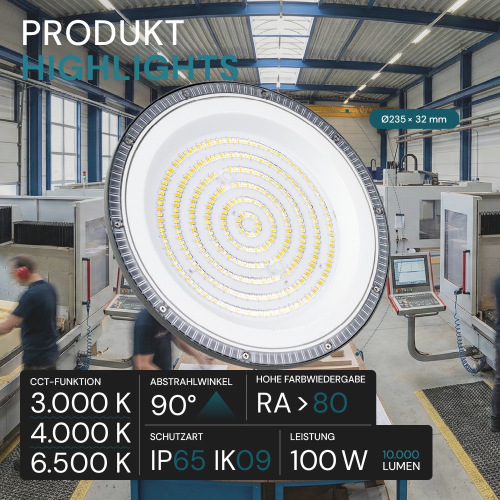 LUXULA LED-Hallenleuchte LX500135, HighBay, UFO, 100W, 10000lm, CCT, IP65 LUXULA LED-Hallenleuchte LX500135, HighBay, UFO, 100W, 10000lm, CCT, IP65