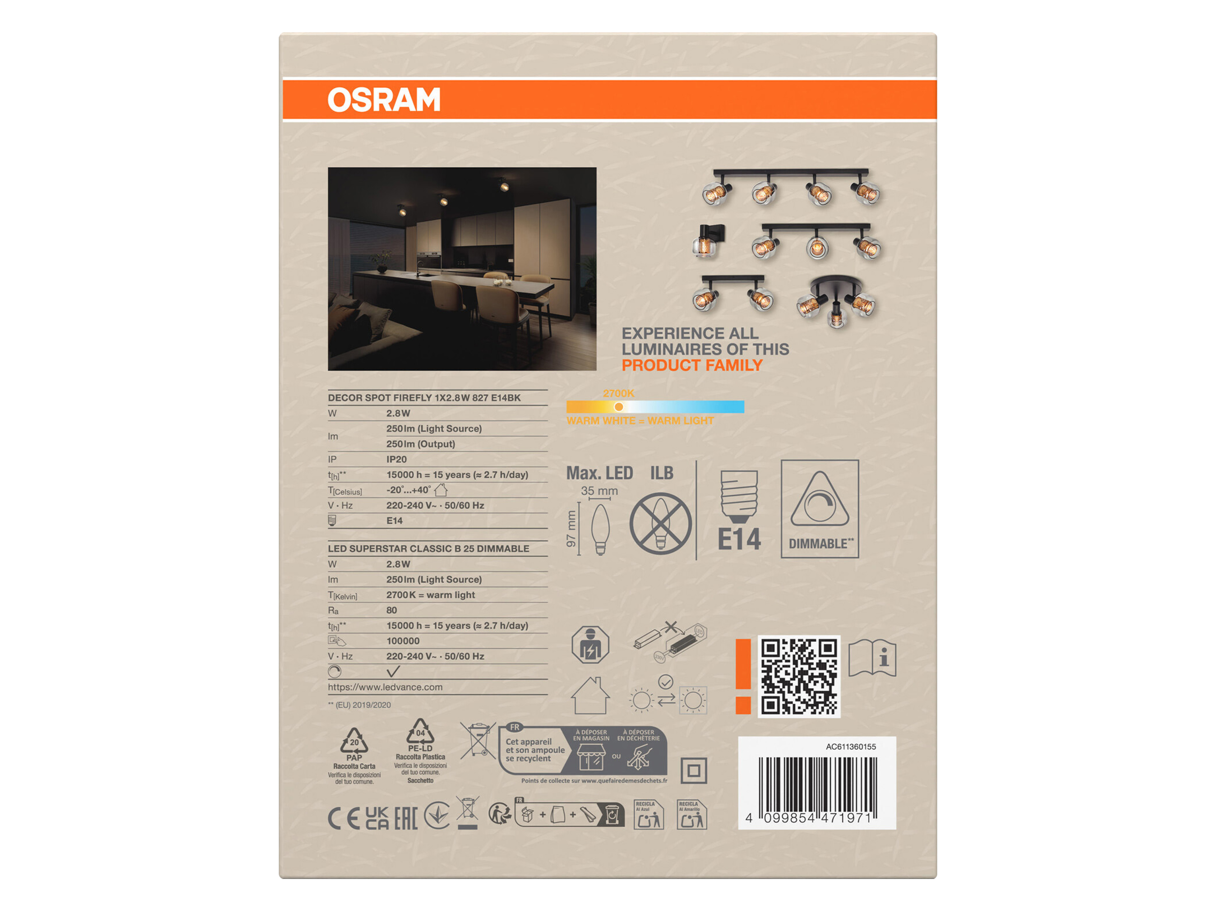 OSRAM Deckenanbau-Leuchte, E14, 2,8 W, 2700 K, 250 lm, IP20, goldenes Wabengitter, dimmbar OSRAM Deckenanbau-Leuchte, E14, 2,8 W, 2700 K, 250 lm, IP20, goldenes Wabengitter, dimmbar
