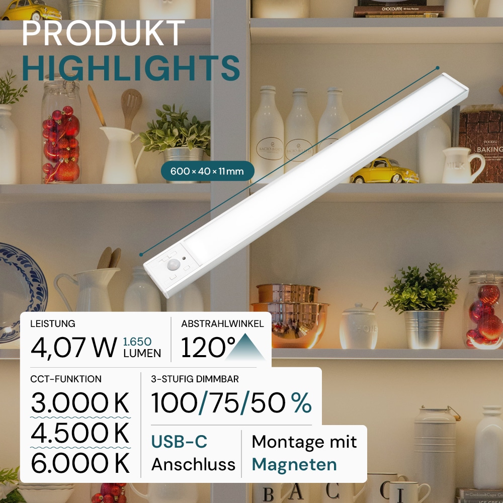 LUXULA LED-Schrankleuchte mit Bewegungsmelder, 4,07W, 1650lm, CCT, IP20, silber, 60cm