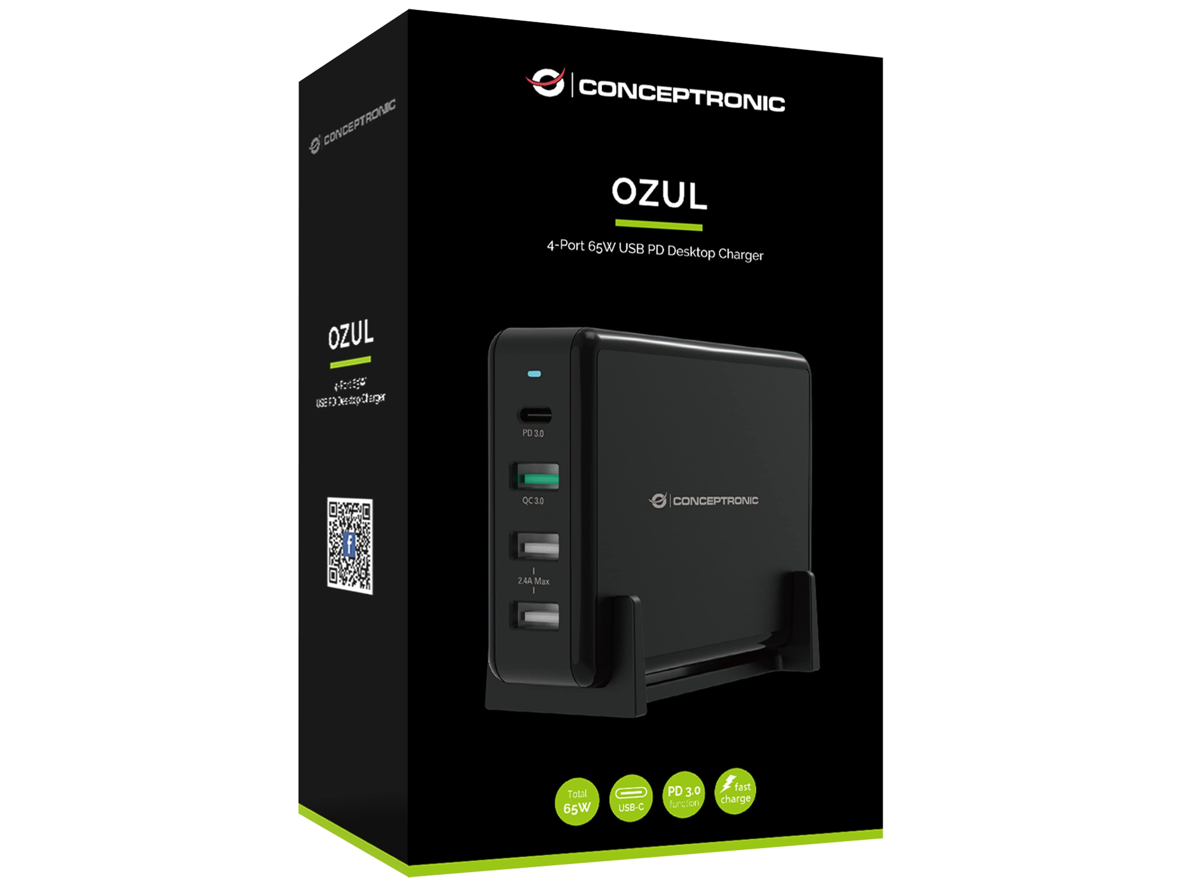 CONCEPTRONIC Desktop-Ladegerät OZUL, 4-Port, 65W, USB-PD Conceptronic Desktop-Ladegerät OZUL, 4-Port, 65W, USB-PD