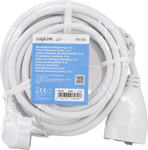 LOGILINK Schutzkontaktverlängerung LPS106 CEE7/7 (90°) zu CEE 7/3 5m weiß LOGILINK Netzkabelverlängerung LPS106 CEE7/7 (90°) zu CEE 7/3 5m weiß
