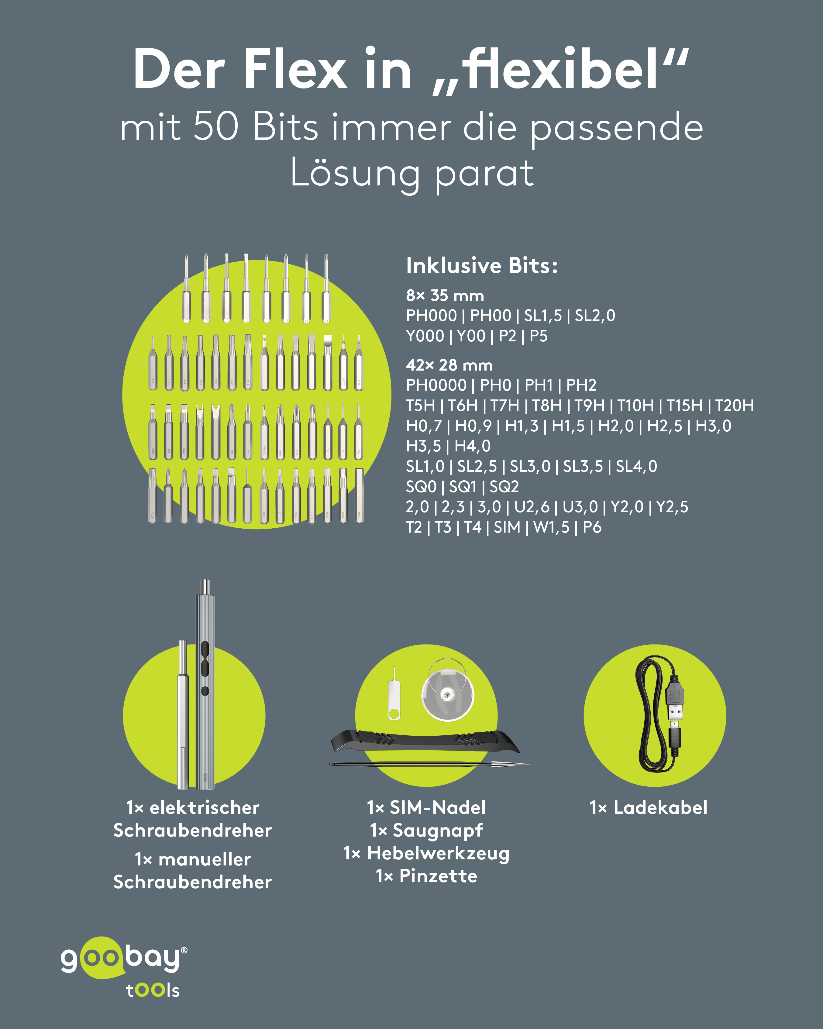GOOBAY TOOLS 58in1 Elektrischer Schraubendreher, 77839, mit 50-tlg. Präzisions-Bitsatz GOOBAY TOOLS 58in1 Elektrischer Schraubendreher, 77839, mit 50-tlg. Präzisions-Bitsatz