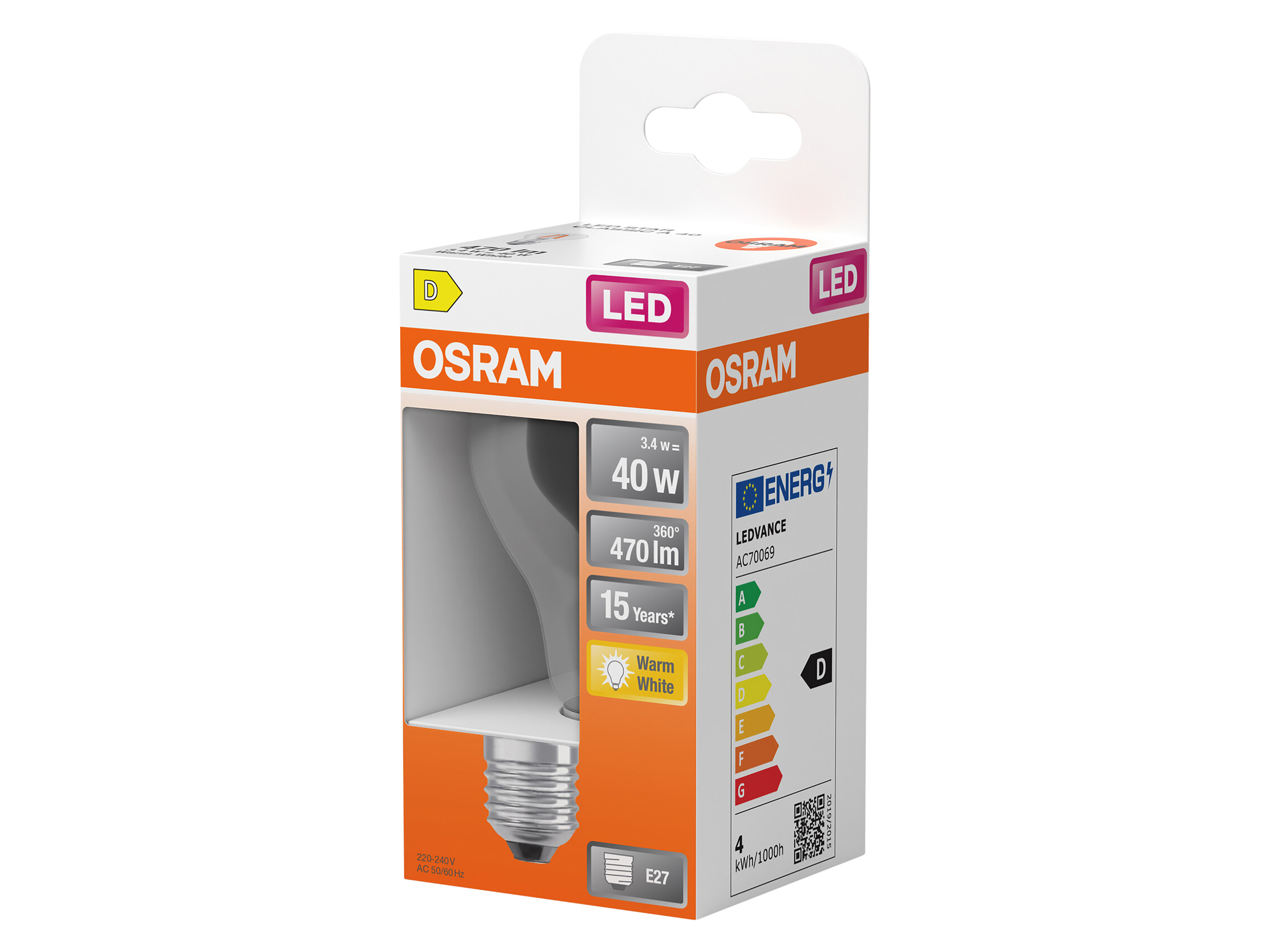 OSRAM LED-Lampe Retrofit, 3,4 W, E27, 2700 K, EEK: D, 470 lm, IP20, warmweiß