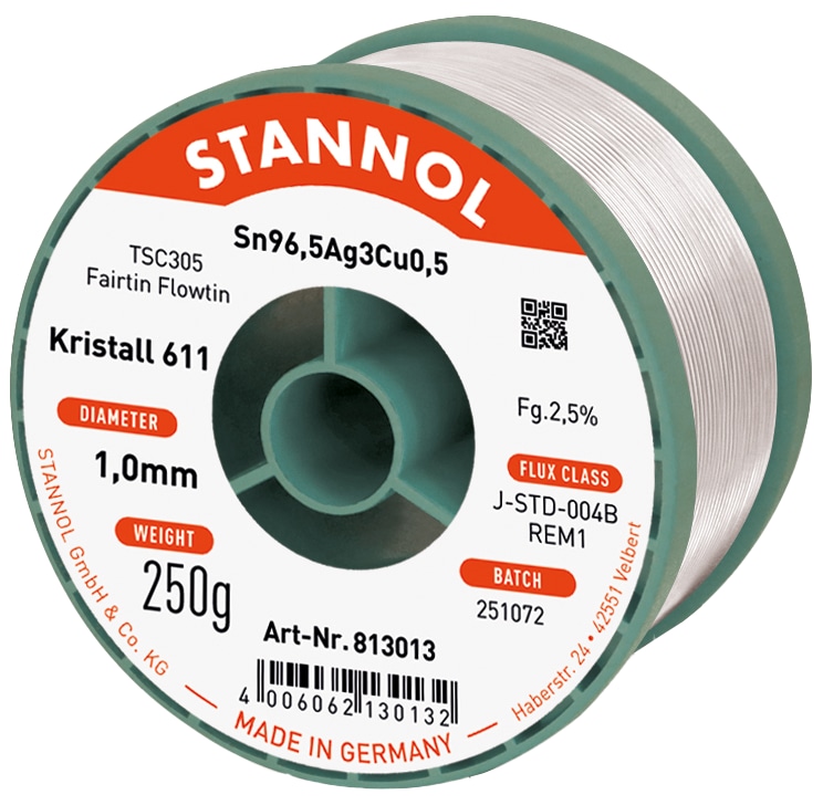 STANNOL Lötzinn Kristall 611, TSC305, Sn96,5Ag3,0Cu0,5, Fairtin Flowtin, 1,0 mm, 250 g STANNOL Lötzinn Kristall 611, TSC305, Sn96,5Ag3,0Cu0,5, Fairtin Flowtin, 1,0 mm, 250 g