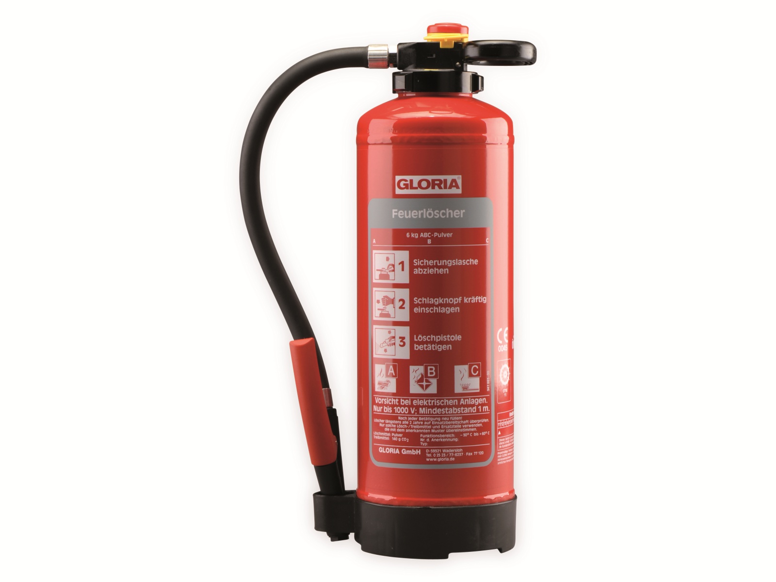 GLORIA Feuerlöscher P6 PRO, Pulver, 6 kg, Brandklasse 34A, 233B, mit Wandhalter GLORIA Feuerlöscher P6 PRO, Pulver, 6 kg, Brandklasse 34A, 233B, mit Wandhalter
