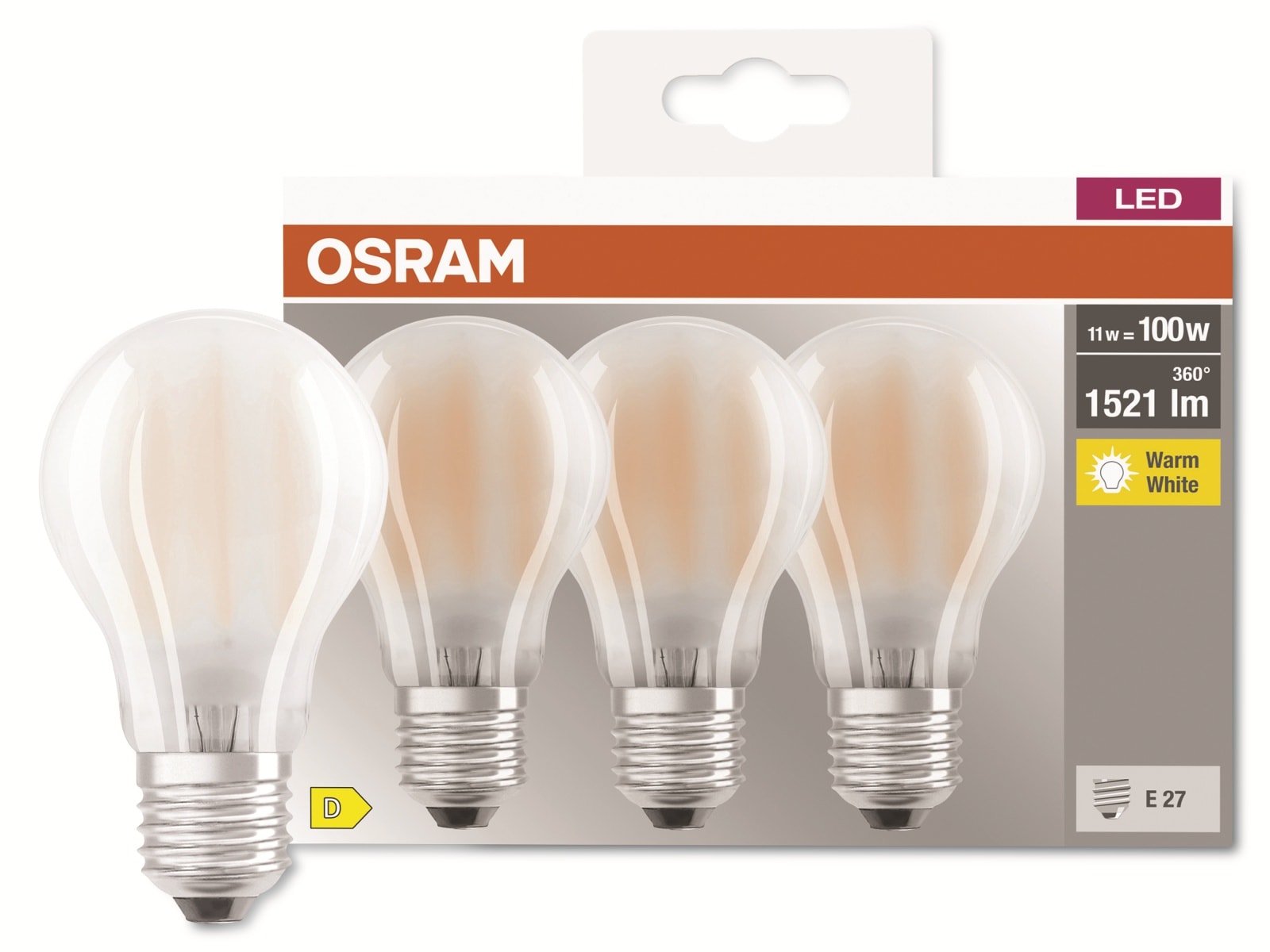 OSRAM LED-Filament-Lampe, CLA100, matt, E27, EEK: D, 11W, 1521lm, 2700K, 3 Stk OSRAM LED-Filament-Lampe, CLA100, matt, E27, EEK: D, 11W, 1521lm, 2700K, 3 Stk