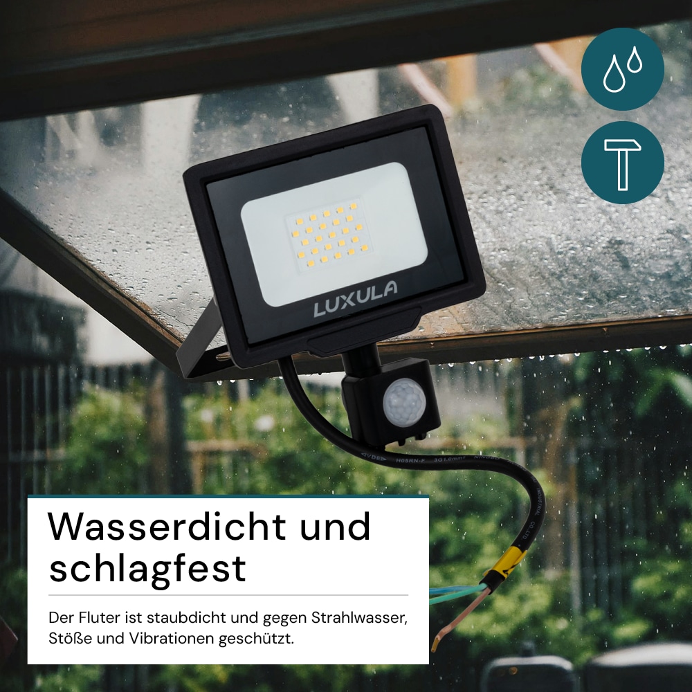 LUXULA LED-Fluter mit Bewegungsmelder, EEK: F, 20W, 2000lm, 4000K, schwarz