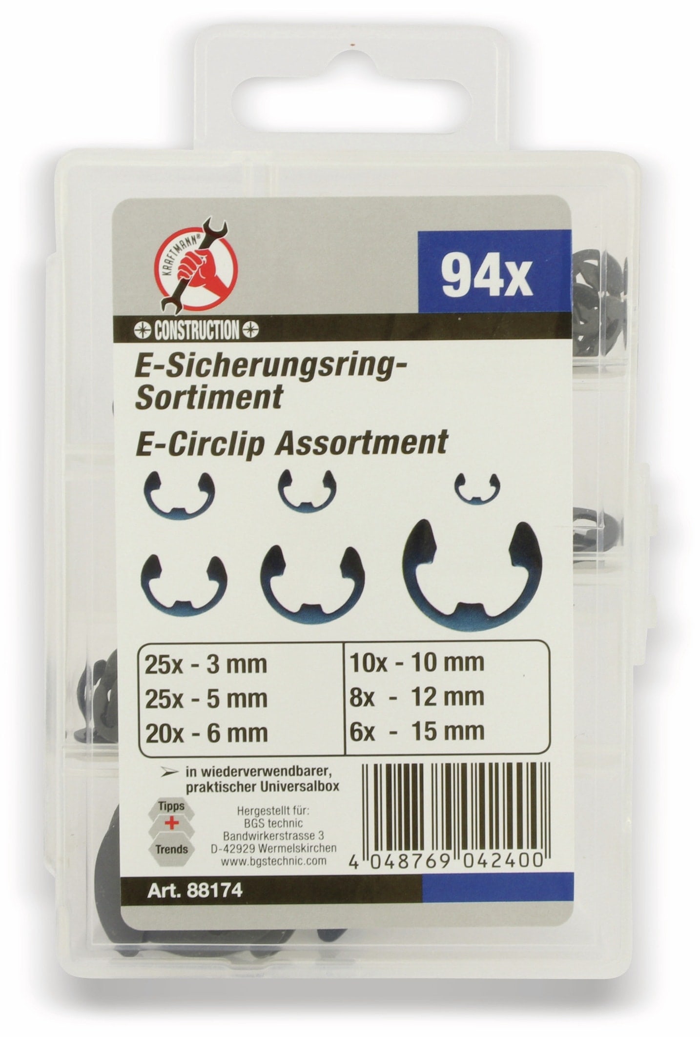 BGS TECHNIC E-Sicherungsring-Sortiment, 94 Stück BGS TECHNIC E-Sicherungsring-Sortiment, 94 Stück