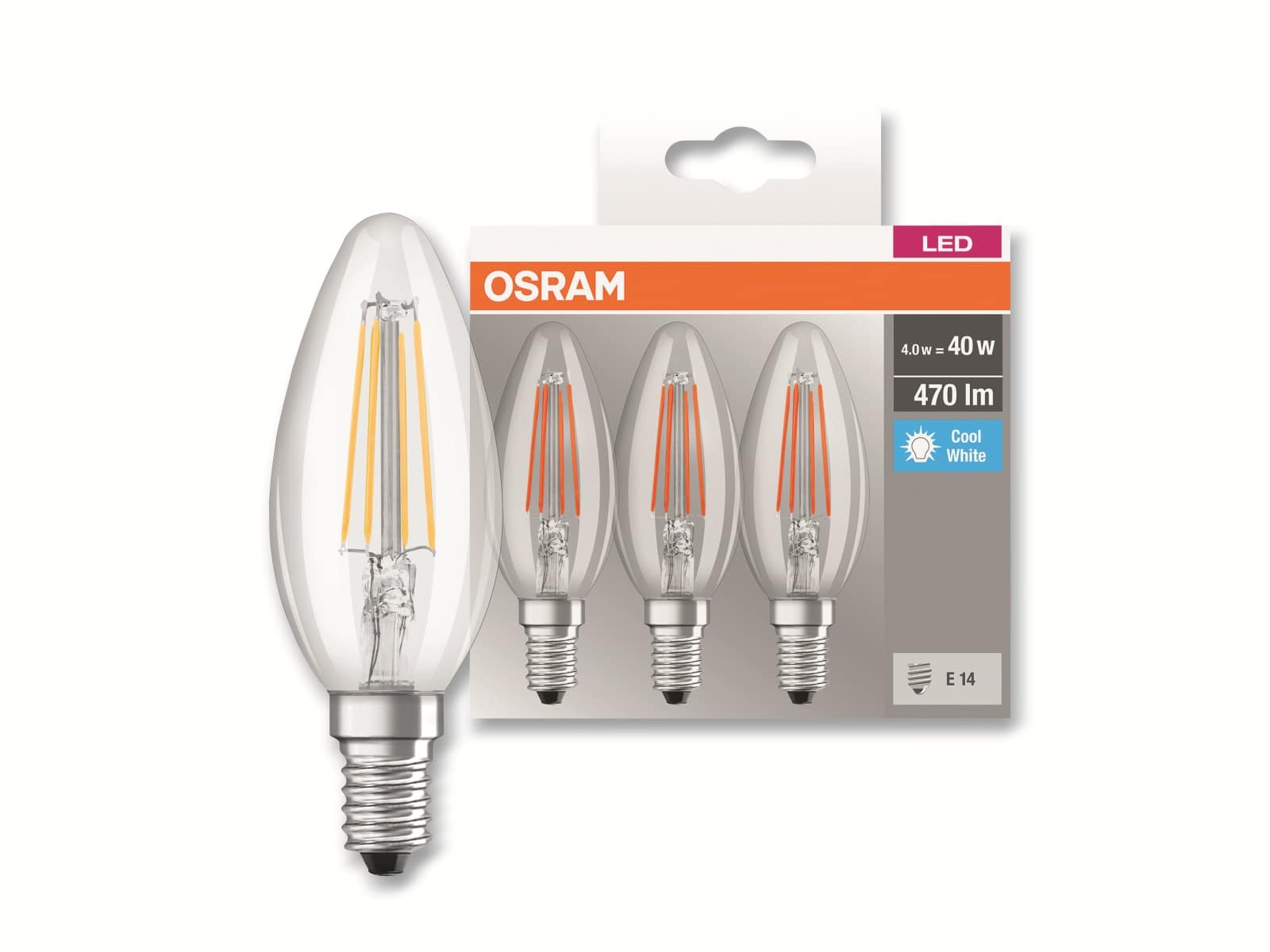 OSRAM LED-Lampe BASE CLASSIC, B40, E14, EEK: E, 4 W, 470 lm, 4000 K, 3 Stück OSRAM LED-Lampe BASE CLASSIC, B40, E14, EEK: E, 4 W, 470 lm, 4000 K, 3 Stück