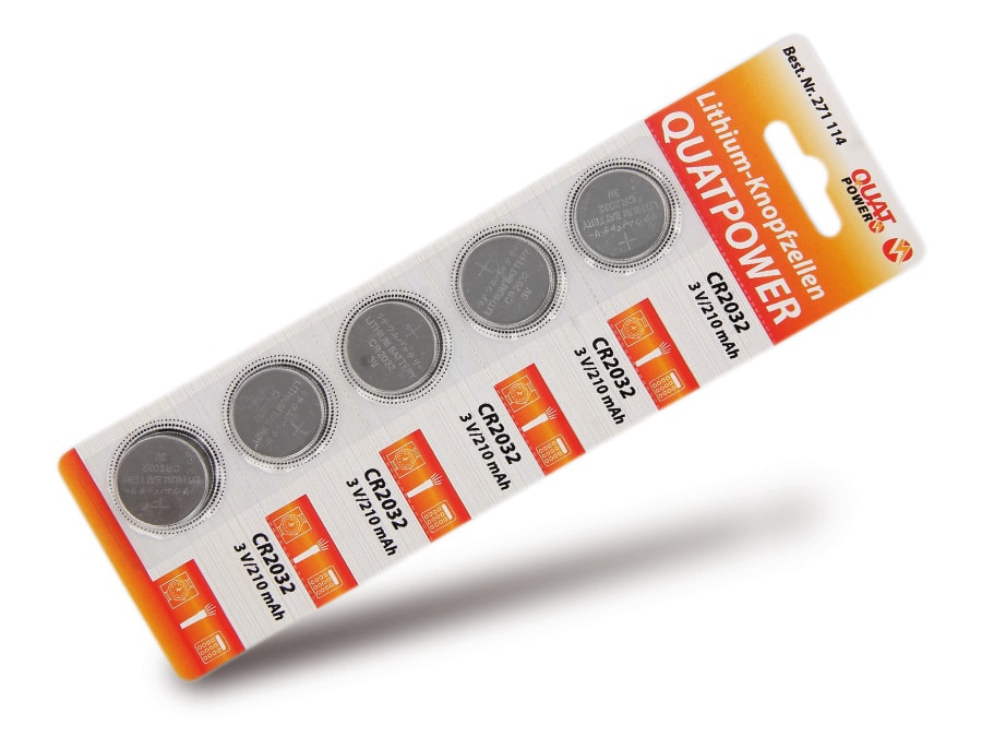 QUATPOWER Knopfzelle, CR2032, Lithium, 3 V, 210 mAh, 5 St. QUATPOWER Knopfzelle, CR2032, Lithium, 3 V, 210 mAh, 5 St.