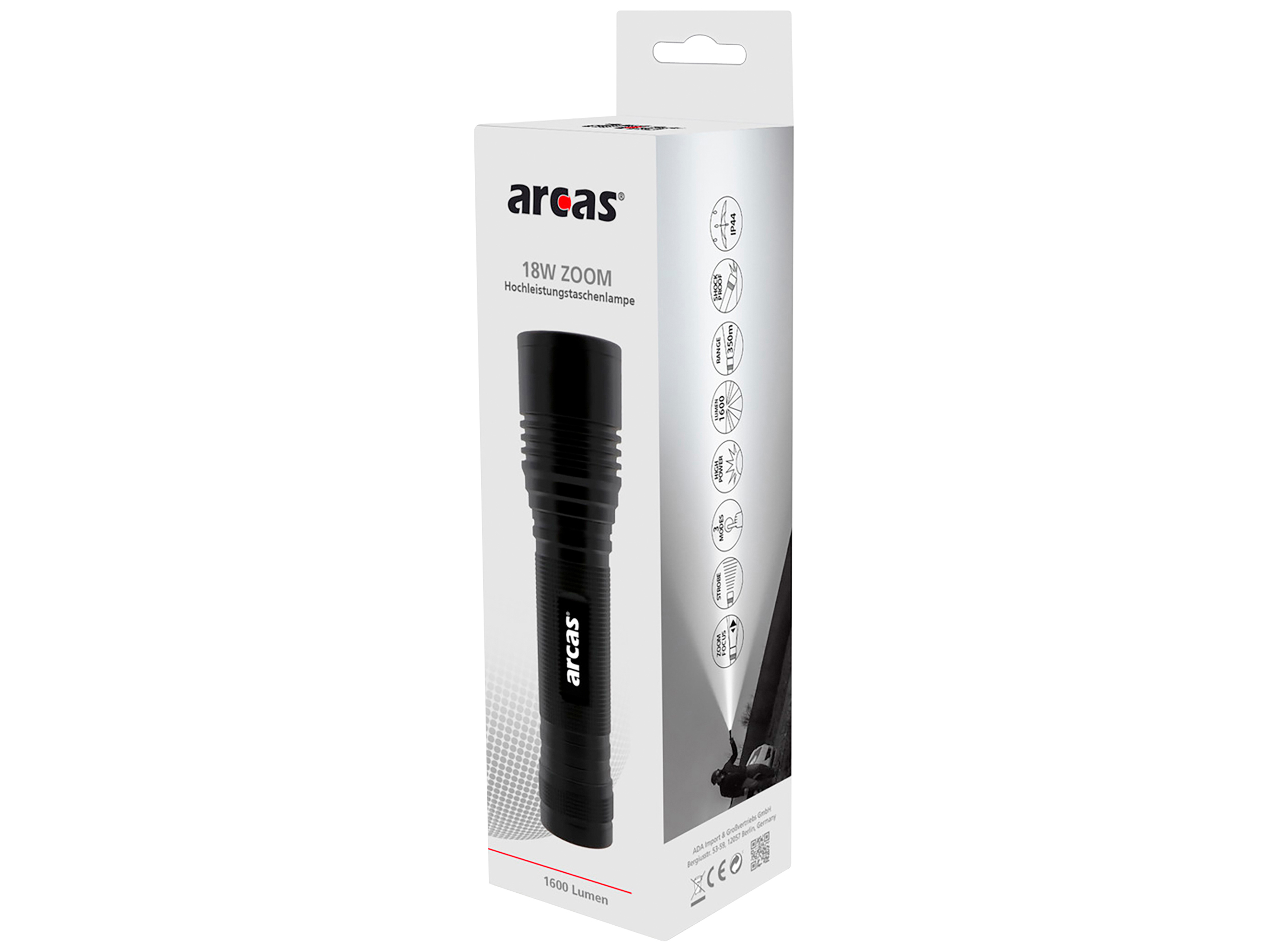ARCAS LED-Taschenlampe, 18 W, 1600 lm, Zoom, Aluminium, schwarz ARCAS LED-Taschenlampe, 18 W, 1600 lm, Zoom, Aluminium, schwarz