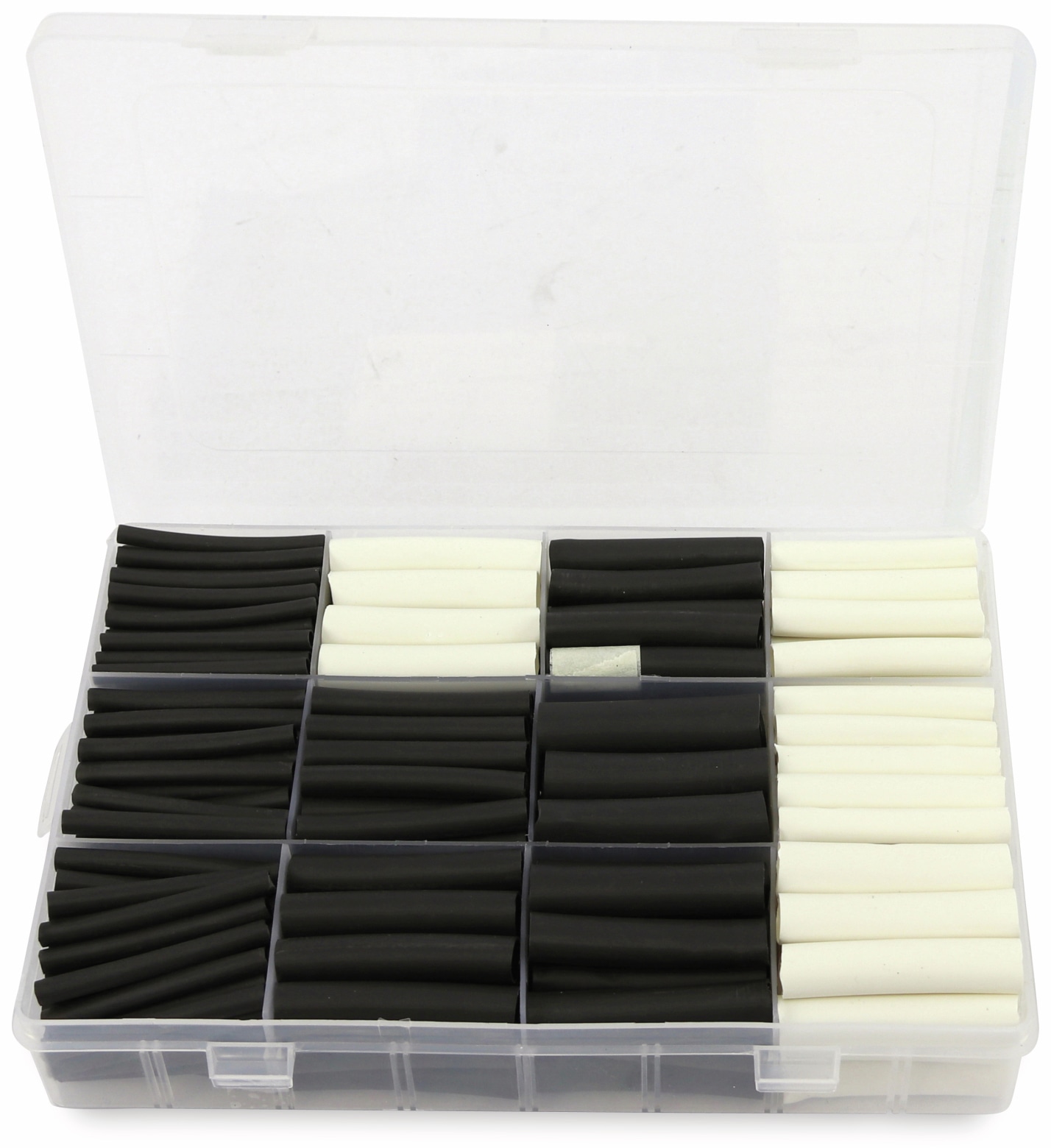 Schrumpfschlauch-Sortiment, 300-teilig Plastikbox, klebend, Schrumpfrate 3:1, schwarz+weiß Schrumpfschlauch-Sortiment, 300-teilig Plastikbox, klebend, Schrumpfrate 3:1, schwarz+weiß
