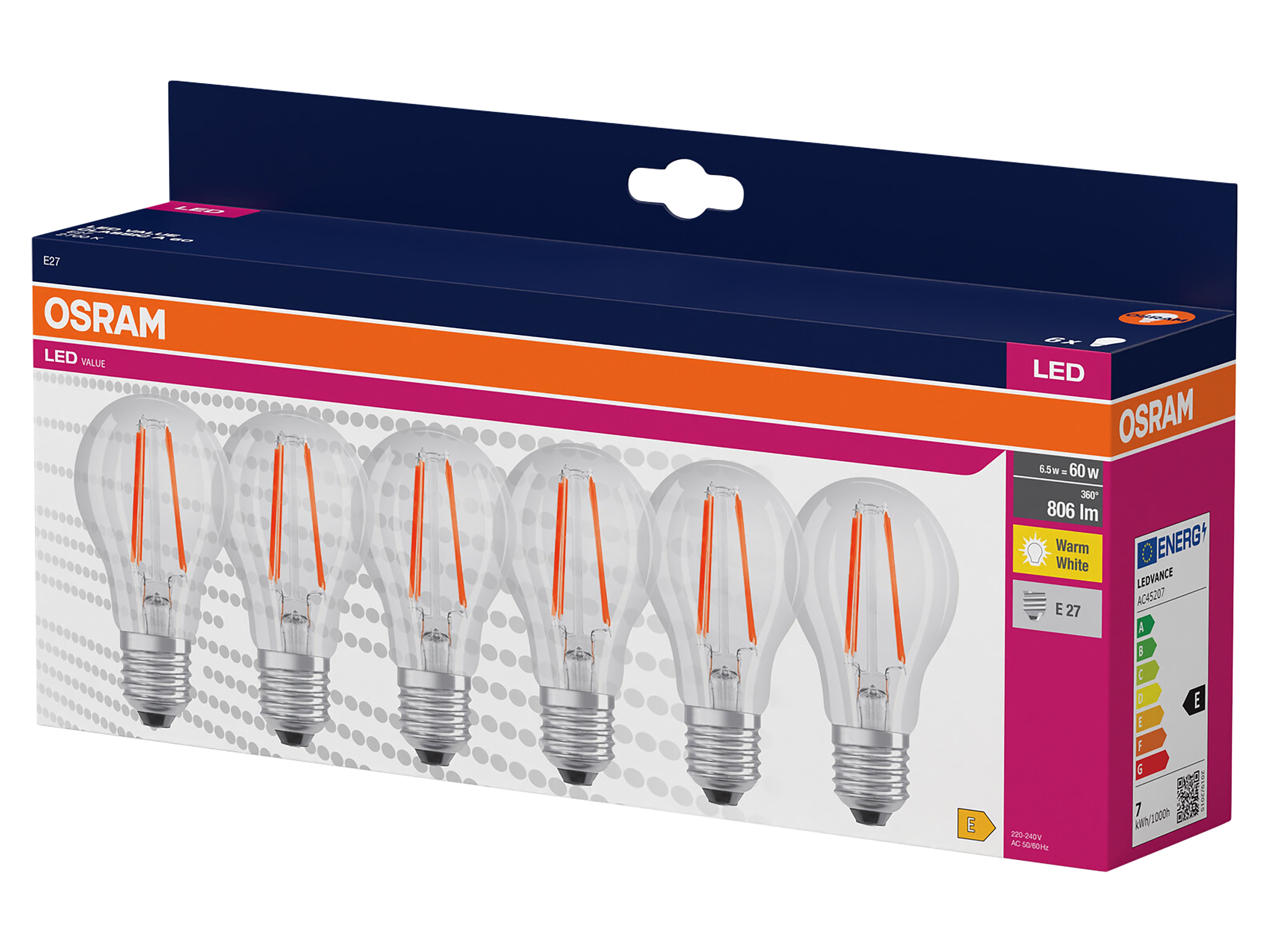 OSRAM LED-Lampe A60 klar, 6 Stück, E27, 6,5 W, 806 lm, 2700 K OSRAM LED-Lampe A60 klar, 6 Stück, E27, 6,5 W, 806 lm, 2700 K