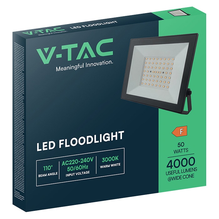 V-TAC LED-Fluter, VT-44054, 50 W, 3000 K, EEK: F, 4000 lm, warmweiß, IP65, schwarz V-TAC LED-Fluter, VT-44054, 50 W, 3000 K, EEK: F, 4000 lm, warmweiß, IP65, schwarz