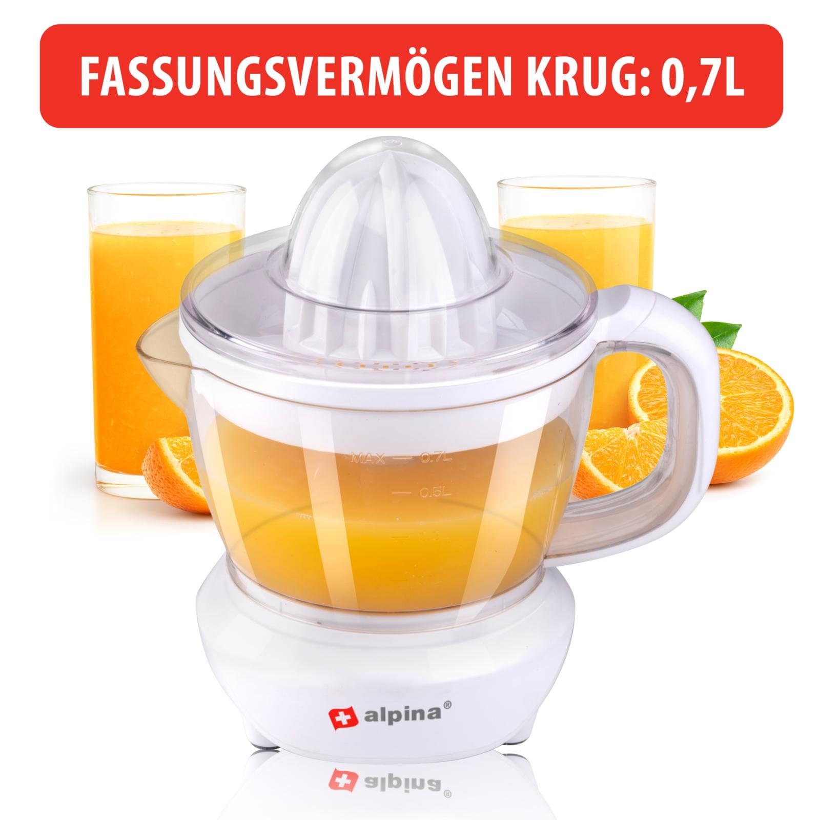 ALPINA Saftpresse, 0,7 Liter, Ziruspresse, 2 Presskegel, 25 W, weiß