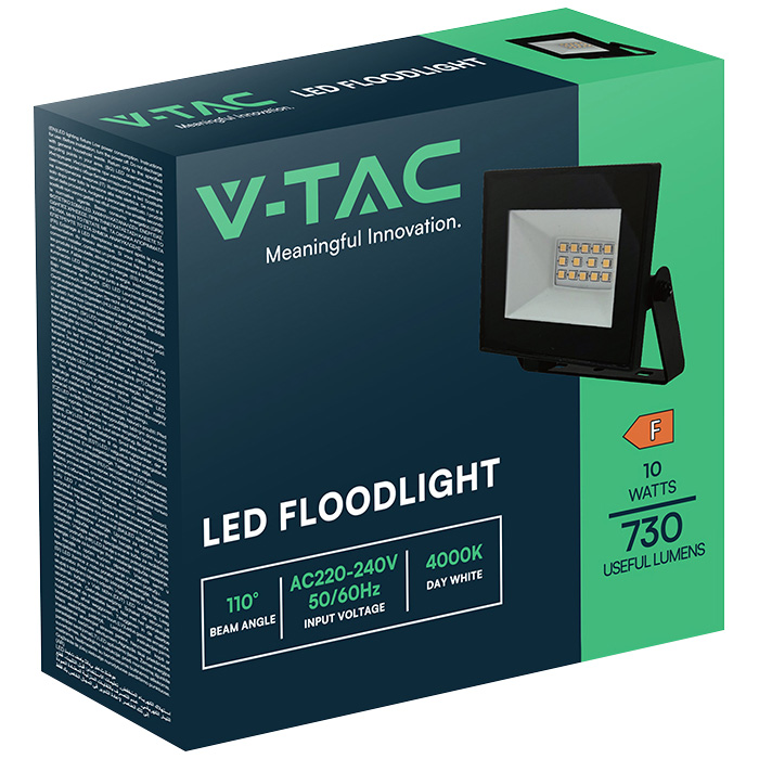 V-TAC LED-Fluter, VT-44012, 10 W, 6500K, EEK: F, 730 lm, kaltweiß, IP65, schwarz