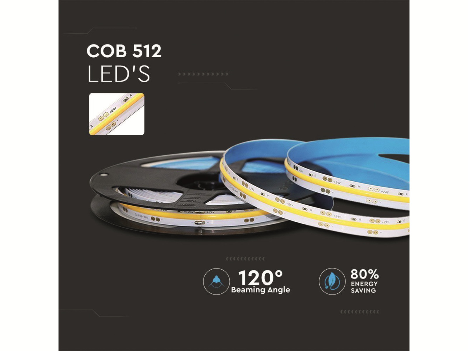 V-TAC LED-Strip VT-COB 512 (2650), 2560 LEDs, EEK: F, 60 W, 24V, 5000 lm, 4000 K, 5 m, IP 20, 90RA V-TAC LED-Strip VT-COB 512 (2650), 2560 LEDs, EEK: F, 60 W, 24V, 5000 lm, 4000 K, 5 m, IP 20, 90RA