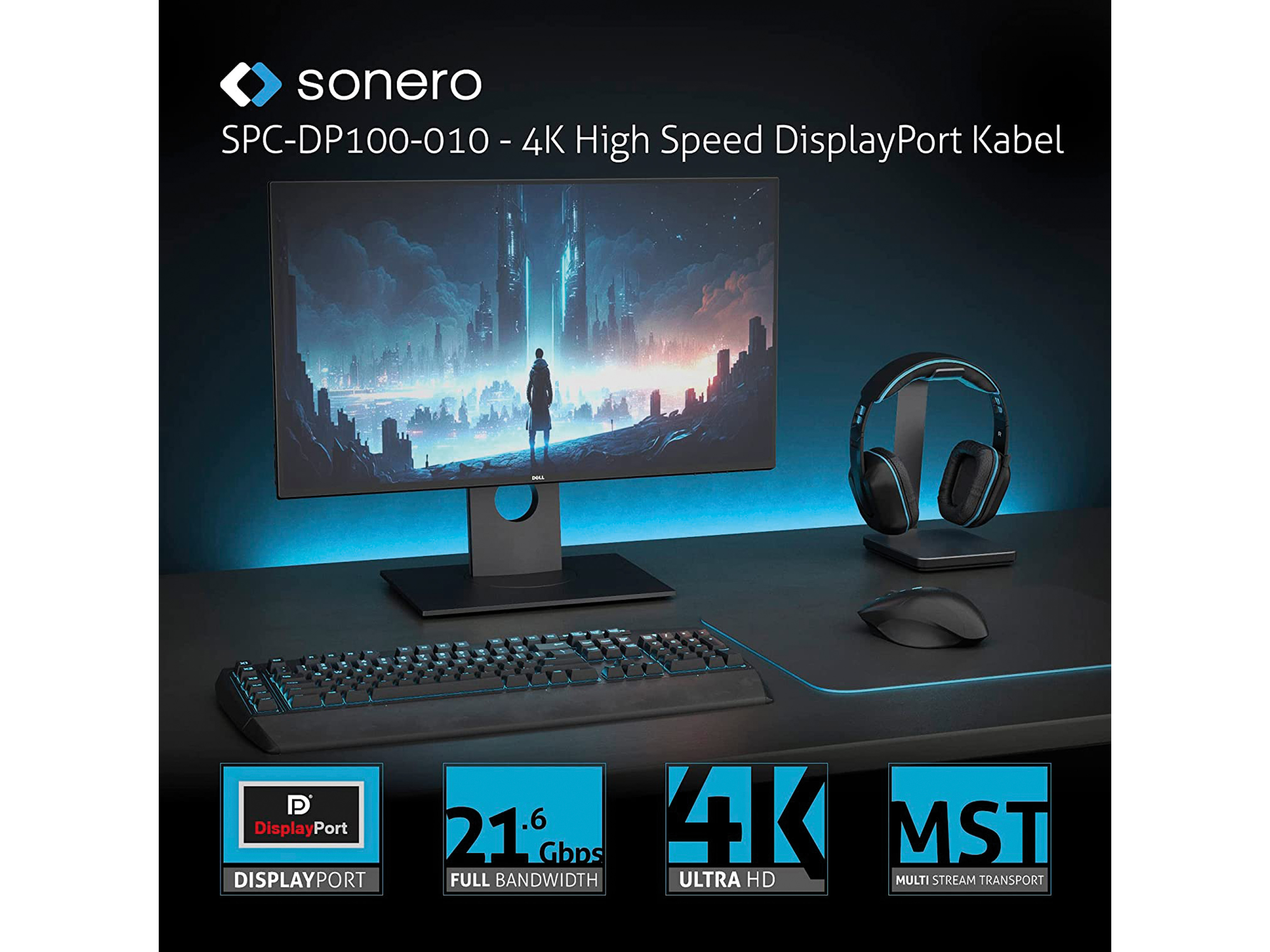 SONERO DisplayPort-Kabel, Stecker/Stecker, 4K60, grau/schwarz, 1 m