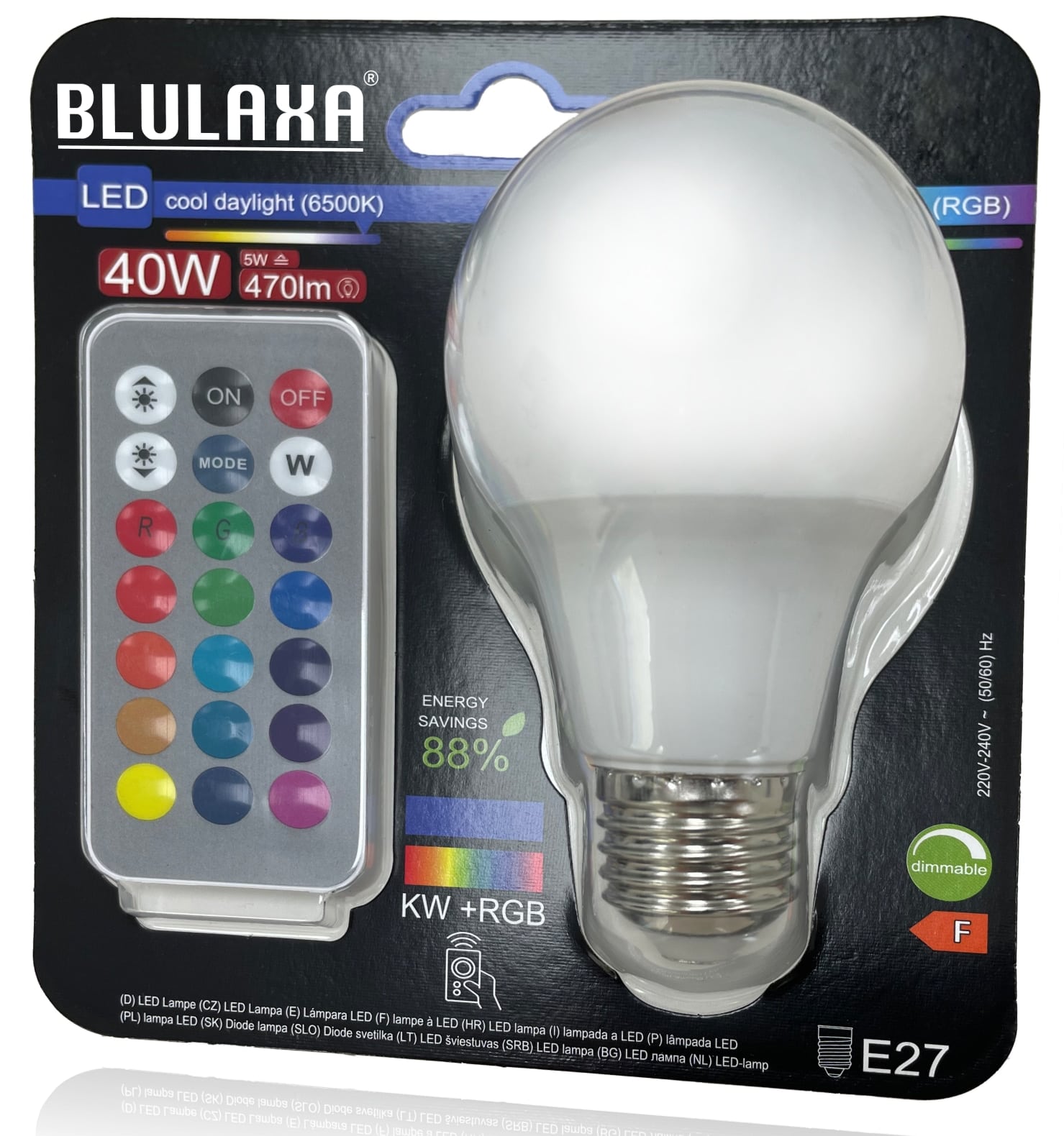 BLULAXA LED-SMD-Lampe, A60, E27, 5 W, 6500 K, EEK: F, 470 lm, kaltweiß, RGB, IP20, Fernbedienung BLULAXA LED-SMD-Lampe, A60, E27, 5 W, 6500 K, EEK: F, 470 lm, kaltweiß, RGB, IP20, Fernbedienung