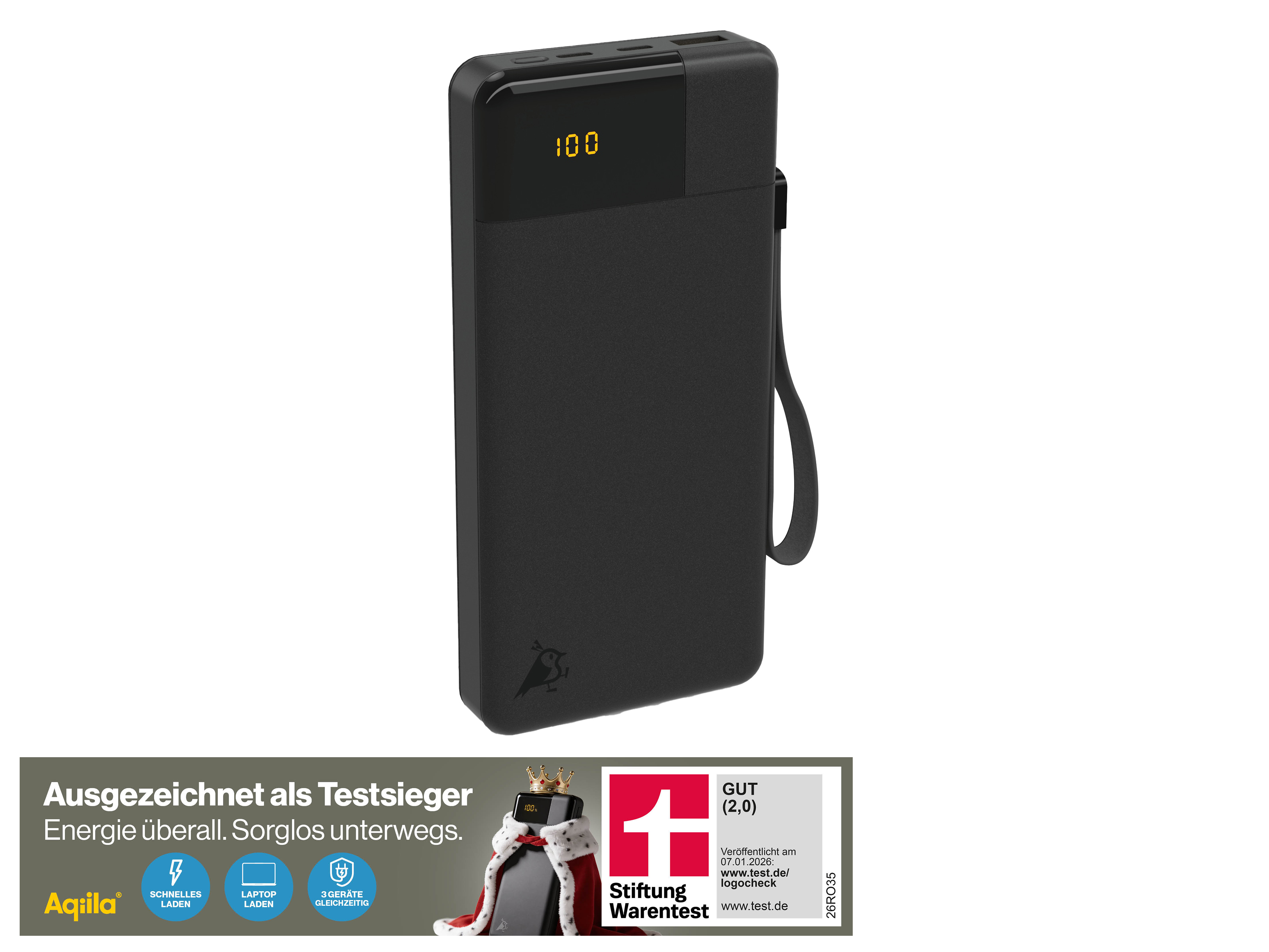 AQIILA Powerbank Powerbird B20+, 65 W, 20.000mAh, 1x USB-A, 2x USB-C, schwarz