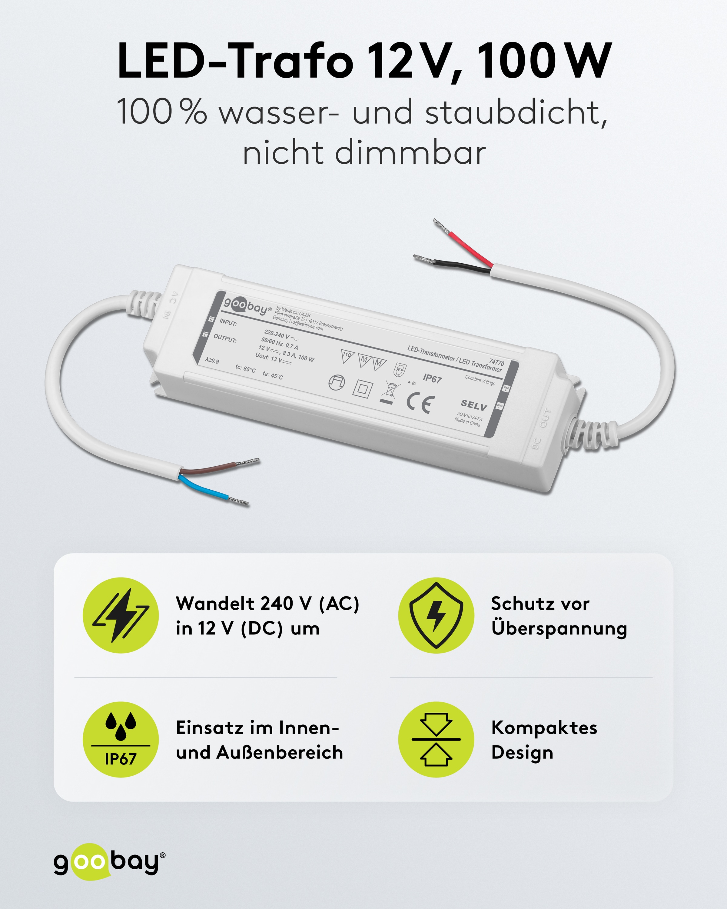 GOOBAY Wetterfester LED-Trafo 12V DC, 100W, 5 A, IP67 Wetterfester LED-Trafo GOOBAY 12V DC, 100W, 5 A, IP67