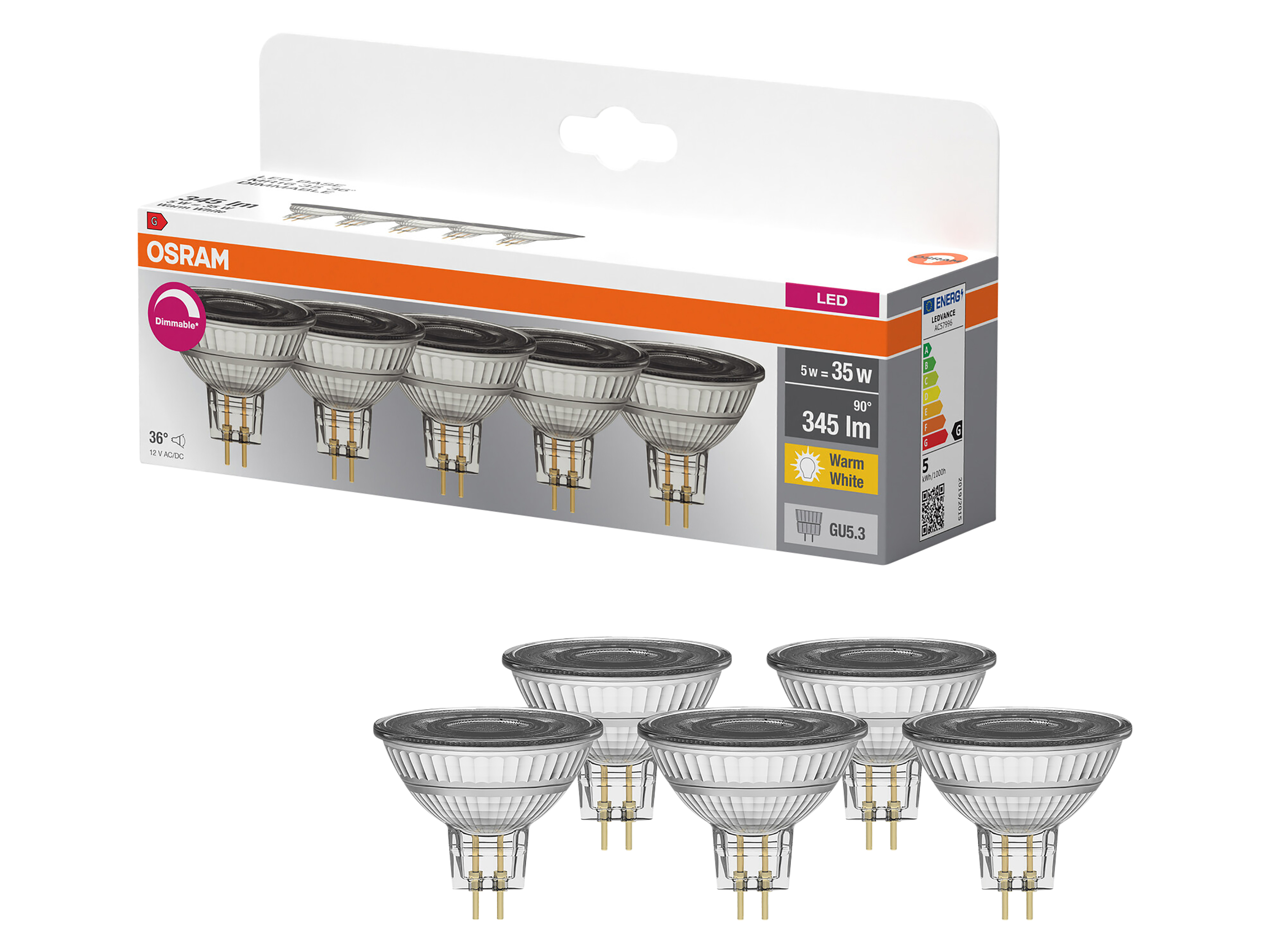 OSRAM LED-Reflektorlampen, GU5.3, 5W, 2700K, EEK: G, 345lm, warmweiß, IP20, 5 Stück OSRAM LED-Reflektorlampen, GU5.3, 5W, 2700K, EEK: G, 345lm, warmweiß, IP20, 5 Stück