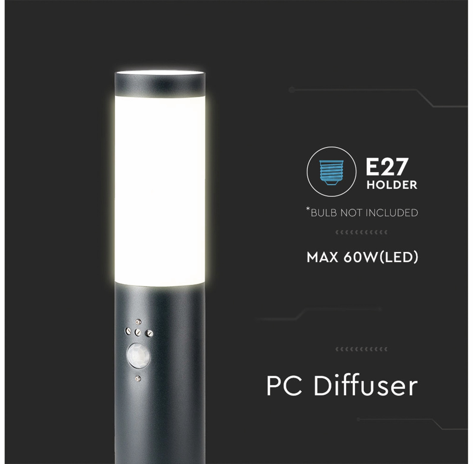 V-TAC Poller-Außenleuchte VT-838, IP44, E27, PIR-Sensor, Edelstahl, 450mm, VT-8965, grau V-TAC Poller-Außenleuchte VT-838, IP44, E27, PIR-Sensor, Edelstahl, 450mm, VT-8965, grau