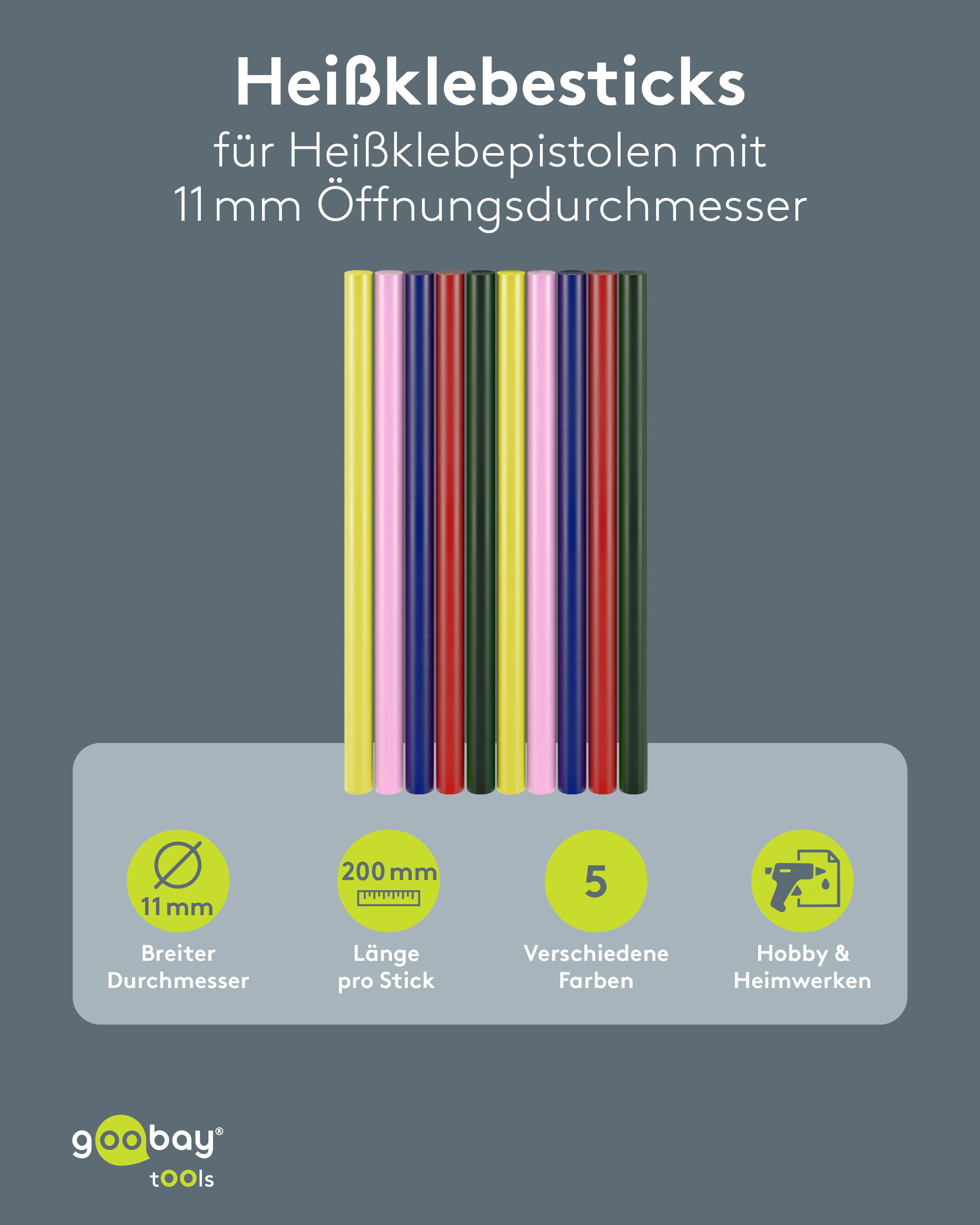 GOOBAY TOOLS Heißklebesticks, 77856, 11 mm, 5 Farben, 10 Stück GOOBAY TOOLS Heißklebesticks, 77856, 11 mm, 5 Farben, 10 Stück